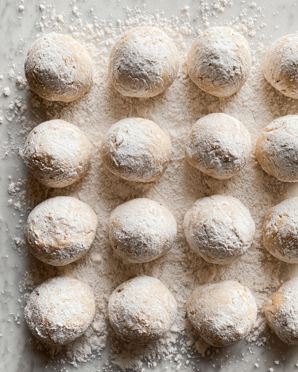 The image shows sixteen round dough balls arranged in four rows of four on a white marbled surface. Each dough ball is covered with a light dusting of white flour that gives a soft, powdery texture with uneven edges. The dough itself has a rough, slightly bumpy surface and a pale beige color peeking through the flour. There is scattered flour around the balls, adding to the rustic look of the scene. photo taken with an iphone --ar 4:5 --v 7