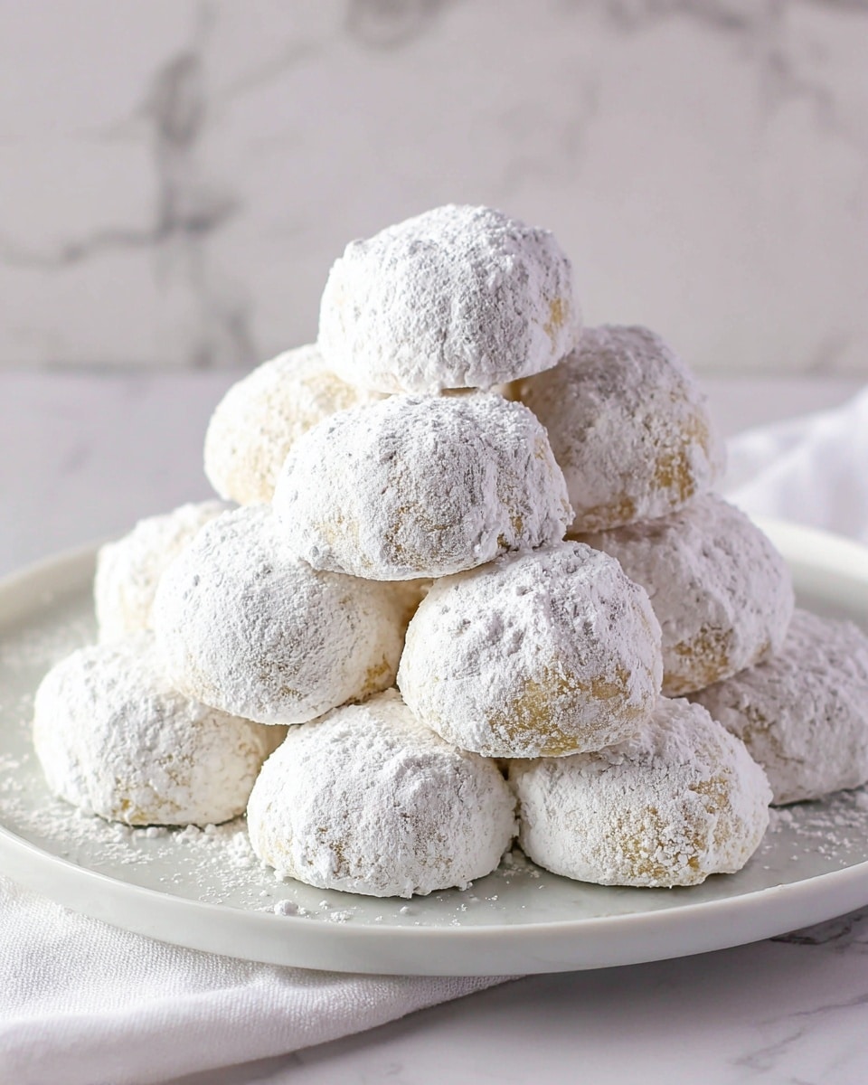 A clear white plate holds a pile of about fifteen round cookies, each fully covered in white powdered sugar, giving them a soft, snowy look. The cookies are arranged in a pyramid shape, with the powdered sugar creating a rough, slightly uneven texture on their surface. The plate rests on a white cloth napkin, and the whole scene is set against a white marbled textured background, making the white cookies stand out gently. photo taken with an iphone --ar 4:5 --v 7