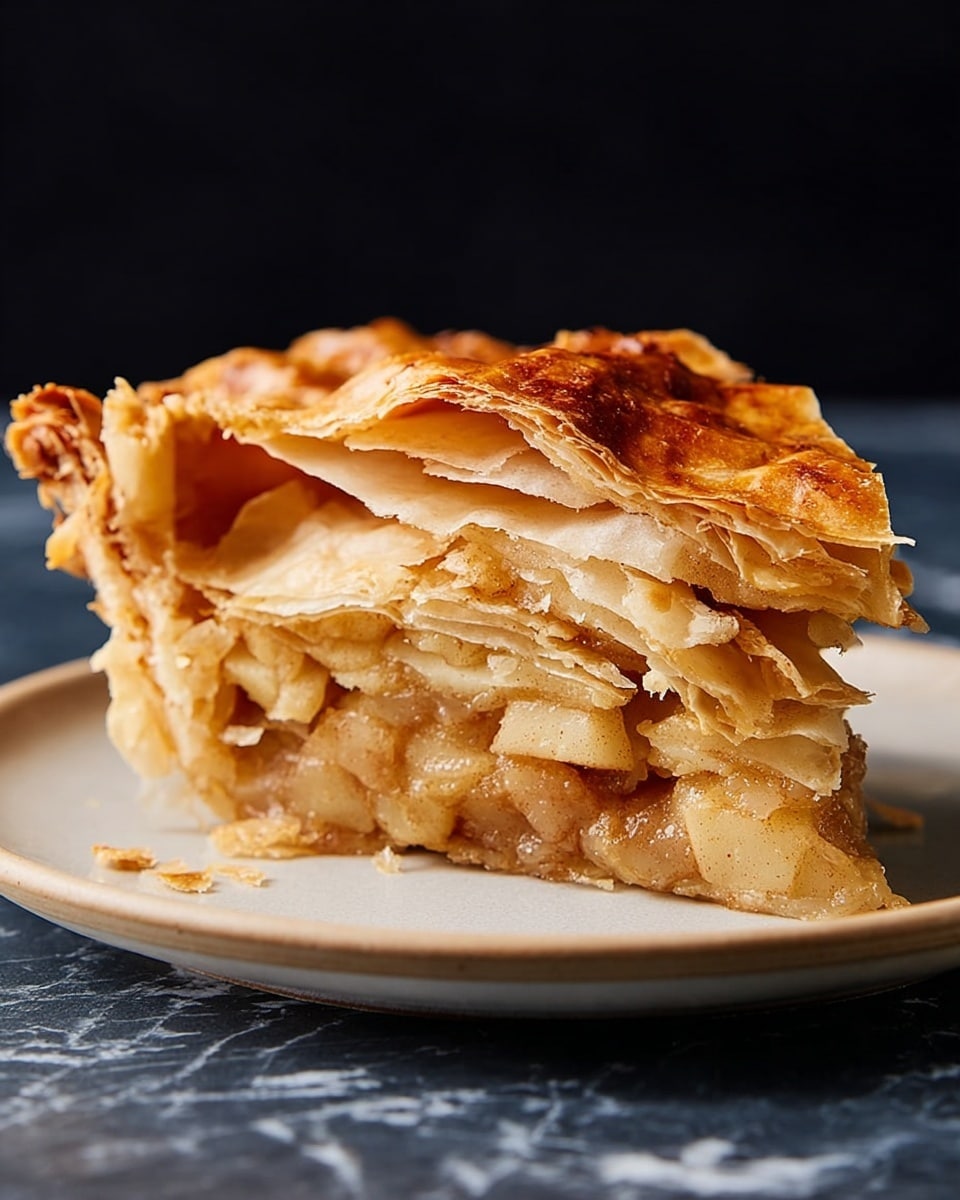 A close-up of a piece of apple pie showing three main layers: the bottom layer is soft and light brown apple filling with a smooth texture, the middle layer consists of thin, crinkled, flaky, golden-brown pastry sheets, and the top layer has more crispy, golden-brown, flaky pastry with some pieces broken off. The pie sits on a simple white plate with a matte finish, placed on a white marbled textured surface with a dark background. photo taken with an iphone --ar 4:5 --v 7