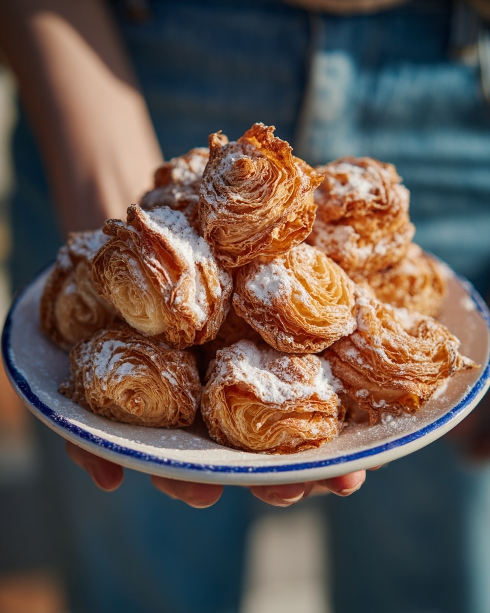 A large mound of crispy, golden-brown pastries made of very thin, crumpled layers sits on a white plate with a blue rim. The edges of the pastries are darker, some almost toasted, adding a cracked texture. The pastries are dusted generously with white powdered sugar, which contrasts with the warm tones of the crisp, flaky layers. The plate is being held by a woman's hand, and the background shows denim jeans and a white marbled surface, with soft daylight highlighting the rich details of the baked layers. photo taken with an iphone --ar 4:5 --v 7