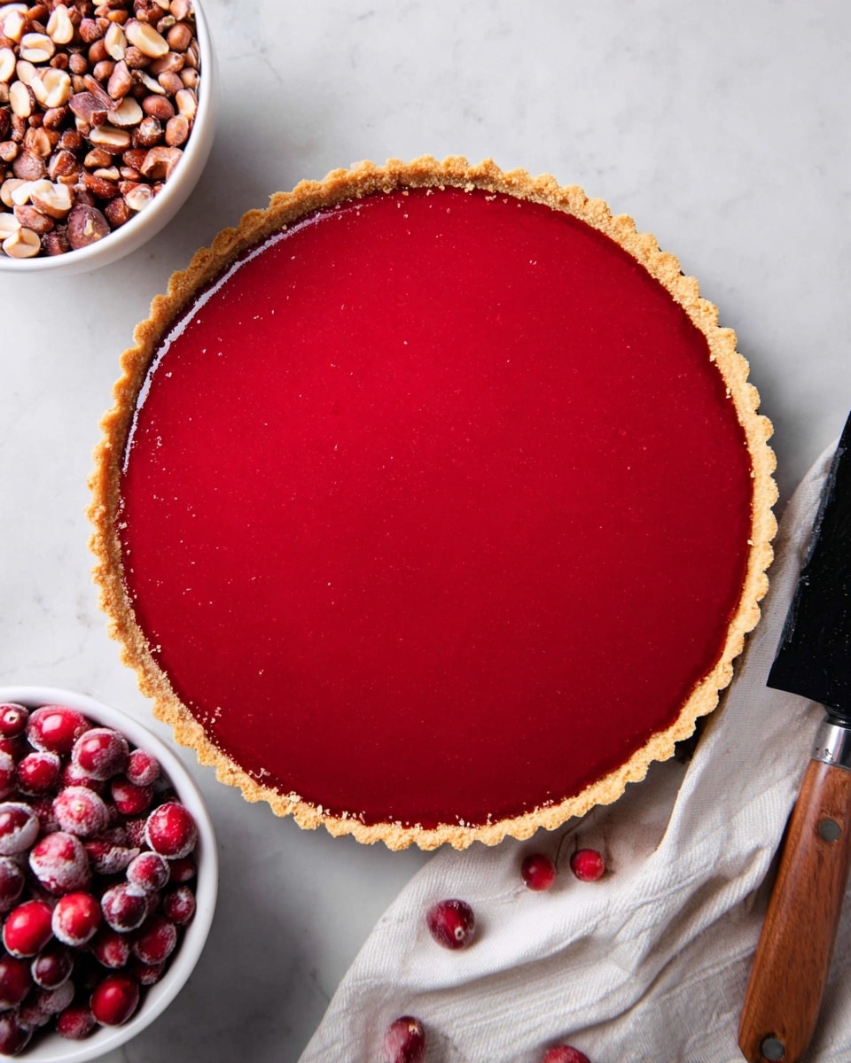 The image shows a tart with two visible layers. The bottom layer is a light golden crust that looks crumbly and evenly baked with a scalloped edge. The top layer is a smooth, bright red filling that is shiny and covers the crust fully, with a clean edge around the tart. Near the tart, there is a white bowl with fresh red berries, and a white cloth holding mixed nuts. A bread knife with a wooden handle lies on a white marbled surface near the tart. Photo taken with an iphone --ar 4:5 --v 7