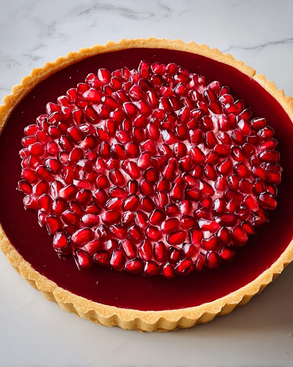 A round tart with a light golden crust forming the base layer, holding a thick, smooth, glossy deep red filling that covers the entire surface evenly. On top, bright red pomegranate seeds are arranged in a neat, repeating pattern of arches and clusters, creating a textured and shiny decorative layer. The tart is placed on a white plate, set against a white marbled background. photo taken with an iphone --ar 4:5 --v 7