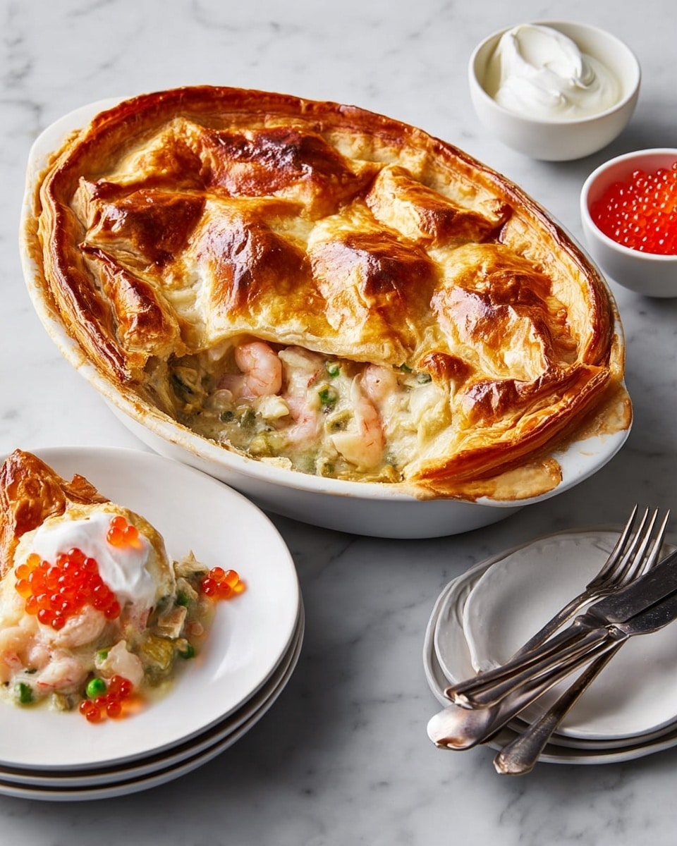A golden-brown pie with a thick, uneven crust on top, baked in a white oval dish; the crust is puffed and slightly crispy with darker browned patches, covering a creamy mixture visible where a piece is cut out, showing layers of pink shrimp, white fish, and green vegetables in a creamy sauce. Next to it is a white plate with a slice of the pie, topped with white sour cream and bright orange fish eggs, placed on a stack of white plates with three forks nearby. A small white bowl with more sour cream and fish eggs is above the pie, all on a white marbled surface. photo taken with an iphone --ar 4:5 --v 7