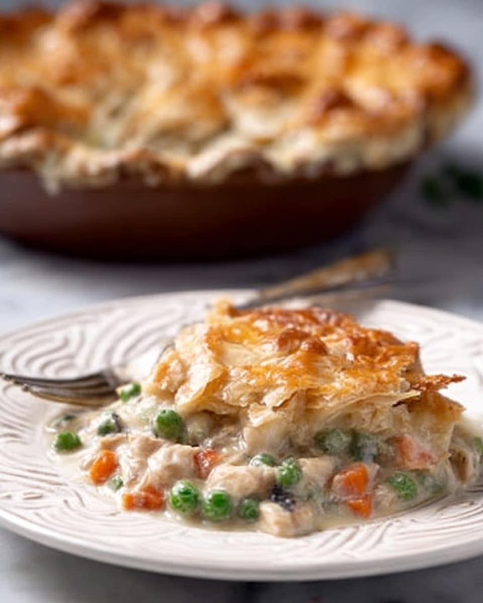 A white plate with a raised swirl design holds a single serving of creamy chicken pot pie. The pot pie has a golden-brown flaky top crust that is flaky and slightly crumbled at the edges. Below the crust is a thick white sauce mixed with small pieces of chicken, green peas, and diced orange carrots, creating a colorful filling. In the background, there is a round brown baking dish filled with more pot pie resting on a white marbled surface. photo taken with an iphone --ar 4:5 --v 7