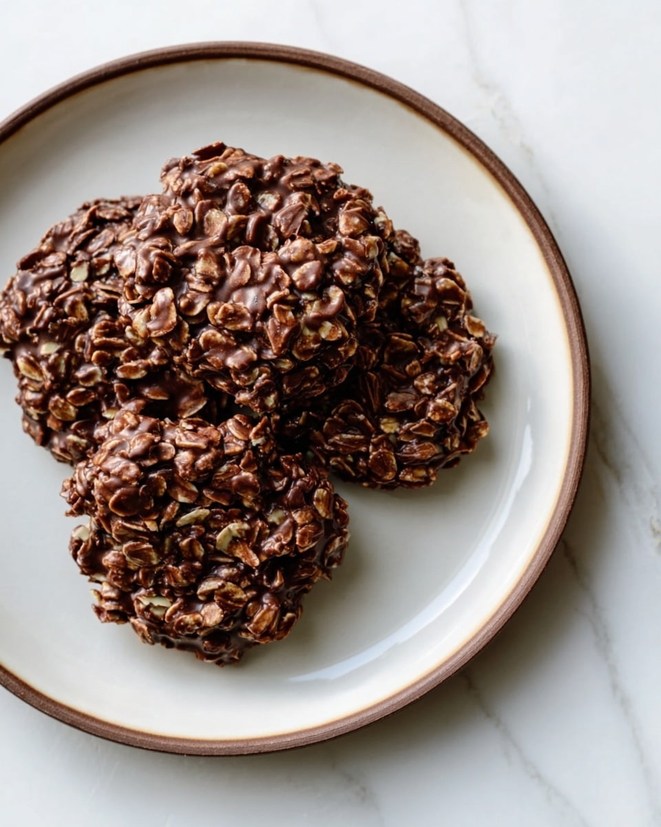 A white plate with a brown rim holds three round chocolate oat clusters, each made of roughly three layers mixed together. The clusters have a rough texture from the oats, coated evenly in a glossy dark brown chocolate. They are placed close together near the center of the plate, which sits on a white marbled surface. Photo taken with an iphone --ar 4:5 --v 7