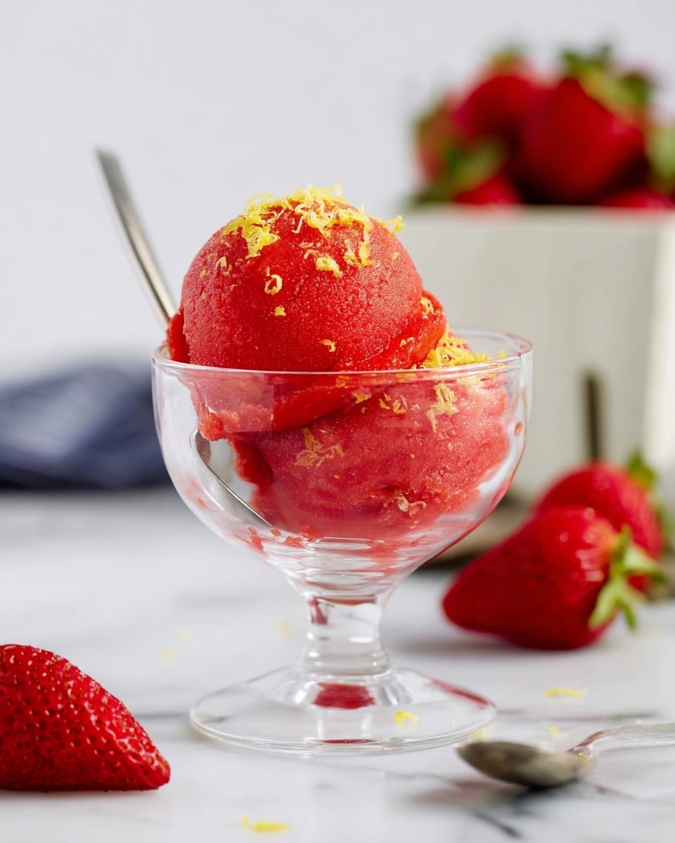 A clear glass dessert dish holds two scoops of bright red strawberry sorbet, with a smooth, icy texture. The top scoop is round and piled neatly, sprinkled with fine yellow lemon zest. The sorbet sits on a clean, white marbled surface, surrounded by fresh red strawberries with green tops. A shiny silver spoon is placed inside the dish, standing upright behind the sorbet. In the background, a white container filled with strawberries is slightly out of focus, adding depth to the image. photo taken with an iphone --ar 4:5 --v 7