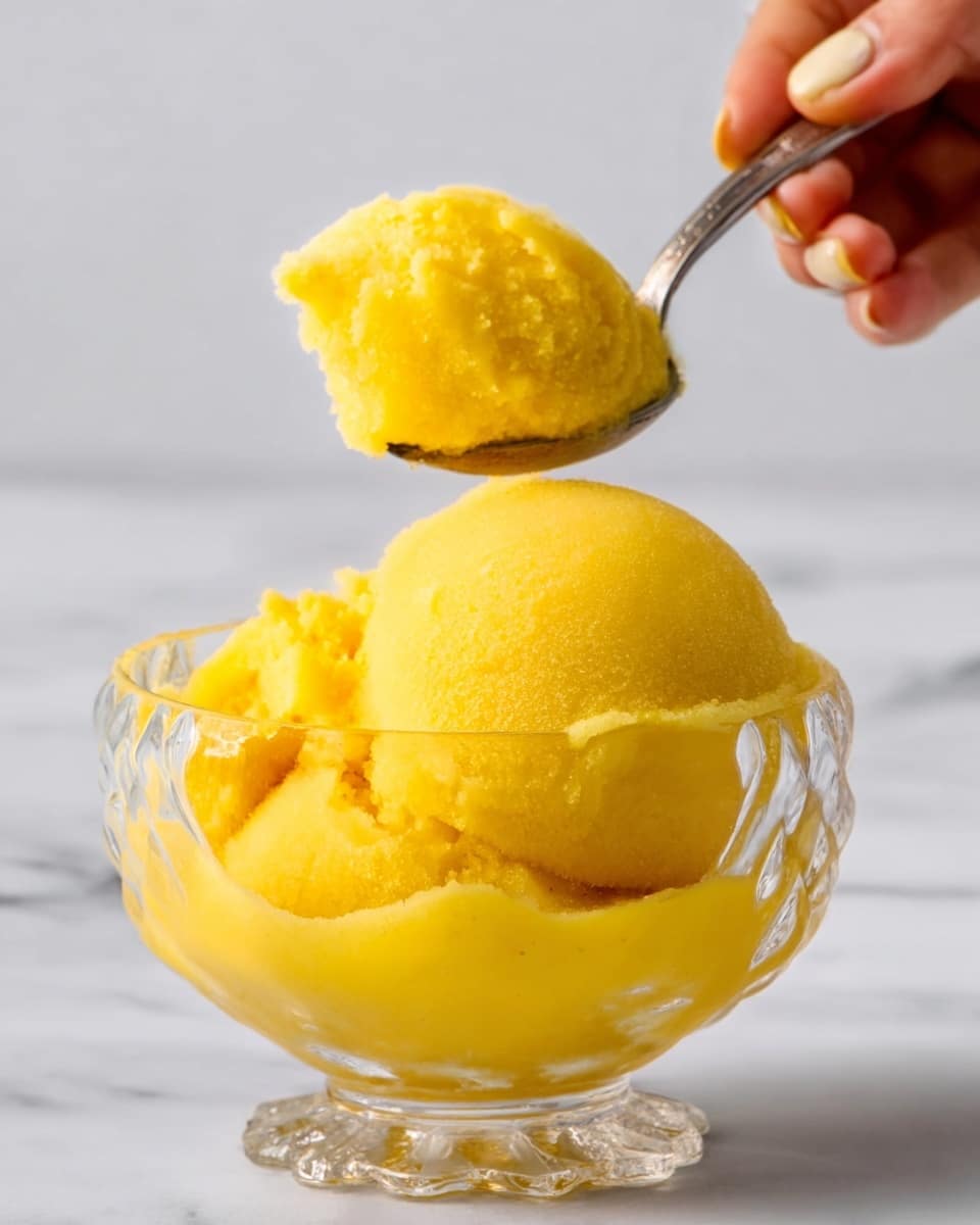 The image shows a clear glass bowl with scalloped edges filled with bright yellow mango sorbet. The sorbet has a smooth, slightly grainy texture and fills the bowl almost to the top in one thick layer. A silver spoon with a scoop of the sorbet is held by a woman's hand above the bowl, showing the soft and creamy consistency of the dessert. The background is a white marbled texture. Photo taken with an iphone --ar 4:5 --v 7