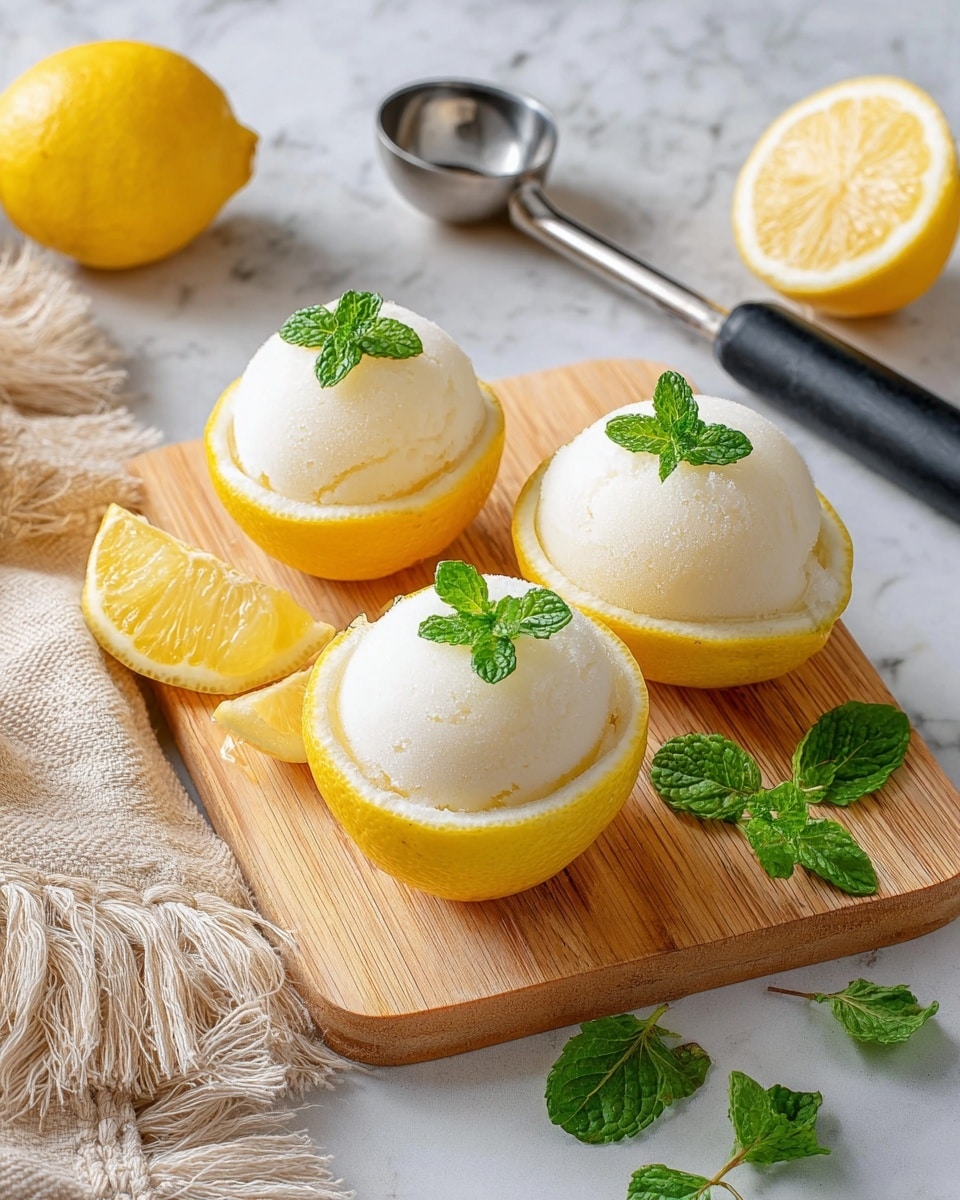 A white bowl is filled with three smooth, pale yellow scoops of lemon sorbet stacked with one on top and two at the bottom. A shiny silver spoon rests inside the bowl to the right, partly under the top scoop. A fresh green mint leaf and a bright yellow lemon wedge with visible pulp are placed behind the sorbet on the left side of the bowl. The bowl sits on a white marbled surface with soft natural light brightening the scene. In the blurred background, hints of more lemon wedges and another white bowl are visible. Photo taken with an iphone --ar 4:5 --v 7