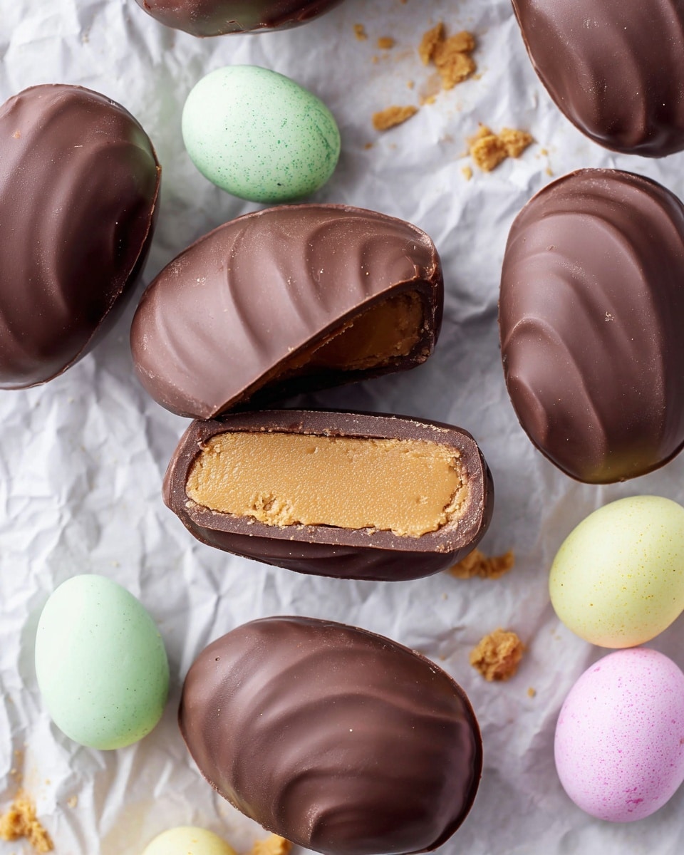 Several chocolate-covered egg shapes are arranged on crumpled white paper with a white marbled texture underneath. Each egg has a smooth, dark brown chocolate outer layer with a slight shine and soft swirls on top, about one layer thick. One of the eggs is cut in half vertically to show two layers: a thick, creamy light brown peanut butter center inside a smooth chocolate shell. Around the eggs, there are pastel-colored speckled candy eggs in mint green, pale pink, and light yellow, adding soft color contrast. Crumbs of light peanut butter filling are scattered on the paper. photo taken with an iphone --ar 4:5 --v 7