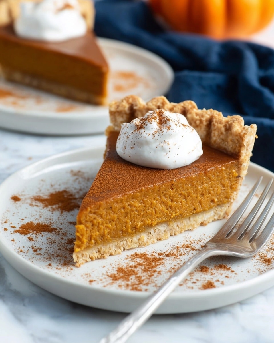 A single slice of pumpkin pie sits on a white plate with a crumbly light beige crust as the bottom and sides. The main layer of the pie is smooth and dense, in a warm orange-brown color. On top of the slice, near the wider edge, there is a dollop of white whipped cream dusted lightly with brown cinnamon powder. The plate has a few scattered sprinkles of cinnamon powder around the pie. A silver fork rests on the plate's right side. In the blurred background, another slice of pumpkin pie on a white plate and part of a pumpkin are visible on a white marbled surface, along with a folded dark blue cloth nearby. photo taken with an iphone --ar 4:5 --v 7