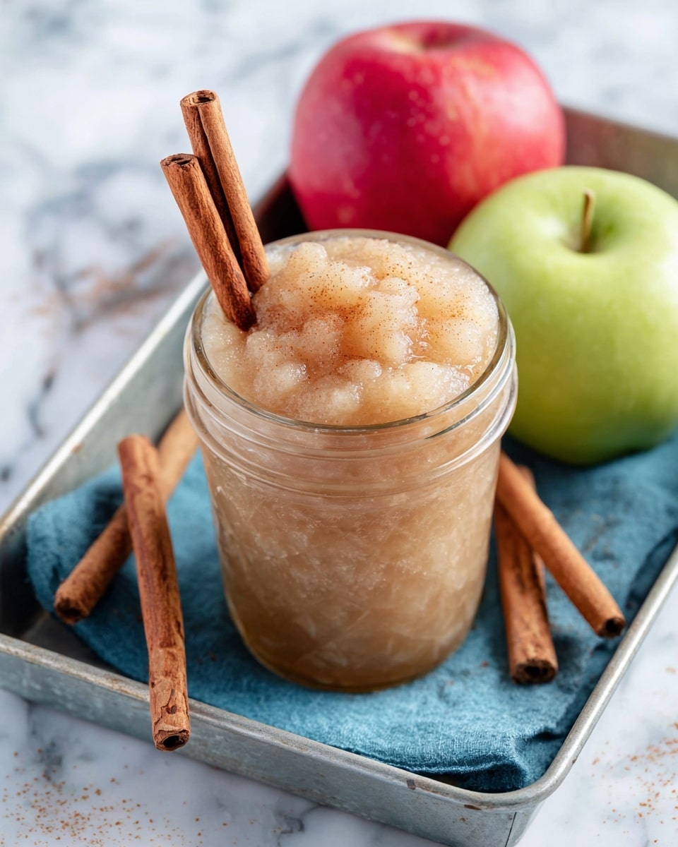A glass jar filled with chunky, light beige applesauce that has a slightly glossy texture, topped with a sprinkle of cinnamon powder and two upright cinnamon sticks. Behind the jar, there are two whole apples, one red and one green, resting on a blue cloth inside a light gray metal tray. More cinnamon sticks are scattered around the jar on the tray, which is set on a white marbled surface. Photo taken with an iphone --ar 4:5 --v 7