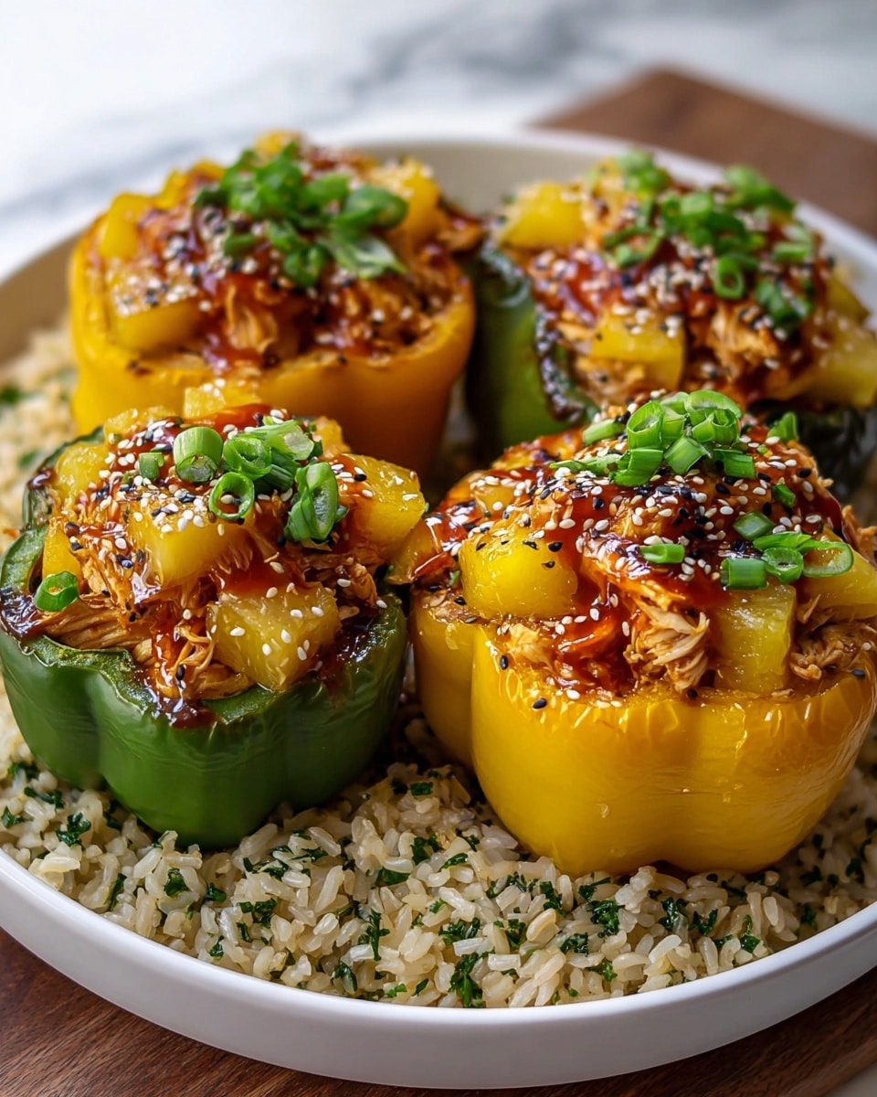 The image shows a tray holding nine yellow bell peppers standing upright, each with their tops cut off and hollowed out. Inside each pepper, there is a layer of cooked rice with a rough, grainy texture and a pale beige color. On top of the rice, there are small chunks of grilled pineapple with charred edges, showing a bright yellow and brown color mix. The dish is sprinkled with small black sesame seeds and fresh green parsley leaves, adding specks of color and freshness. The glossy surface of the peppers and the slight charring on the pineapple pieces give a warm, appetizing look. The tray rests on a white marbled texture. photo taken with an iphone --ar 4:5 --v 7