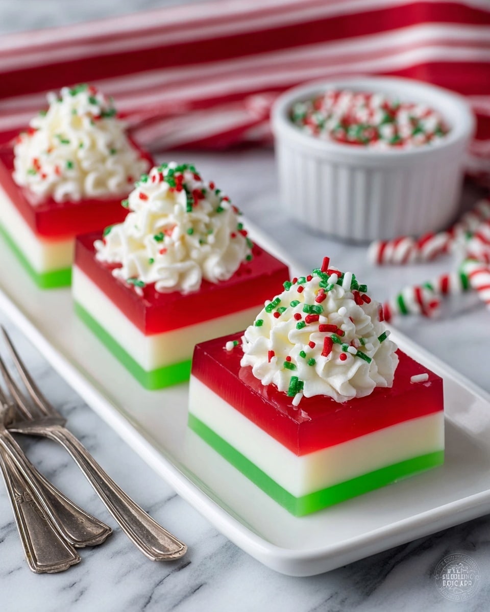 There are three square jelly desserts on a long white plate, each with three layers: a bottom green layer, a middle creamy white layer, and a top bright red layer. On top of each jelly square is a fluffy white whipped cream swirl decorated with red, green, and white sprinkles. The plate sits on a white marbled surface with two forks and a red-and-white striped cloth in the background. A small white bowl with red stripes holds more sprinkles at the back right side of the scene. Photo taken with an iphone --ar 4:5 --v 7