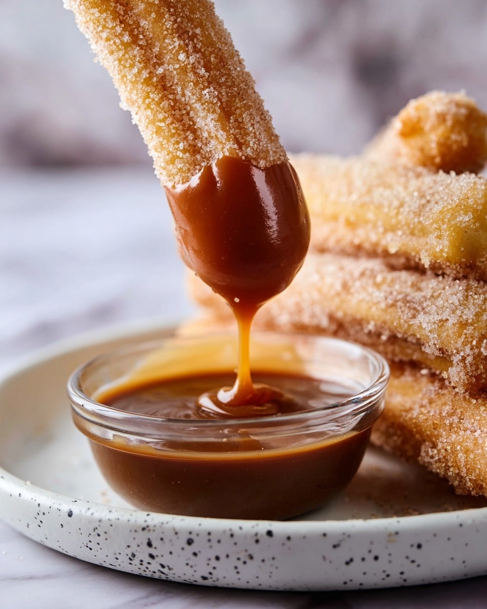 A close-up view of a light brown churro coated with granulated sugar being dipped into a small glass bowl filled with shiny, thick caramel sauce, with the caramel dripping slowly from the churro's end. The bowl sits in the center of a white plate with small dark specks, and more churros coated in sugar are stacked neatly on the right side of the plate. The background shows a white marbled texture with soft lighting emphasizing the textures of sugar and caramel. Photo taken with an iphone --ar 4:5 --v 7