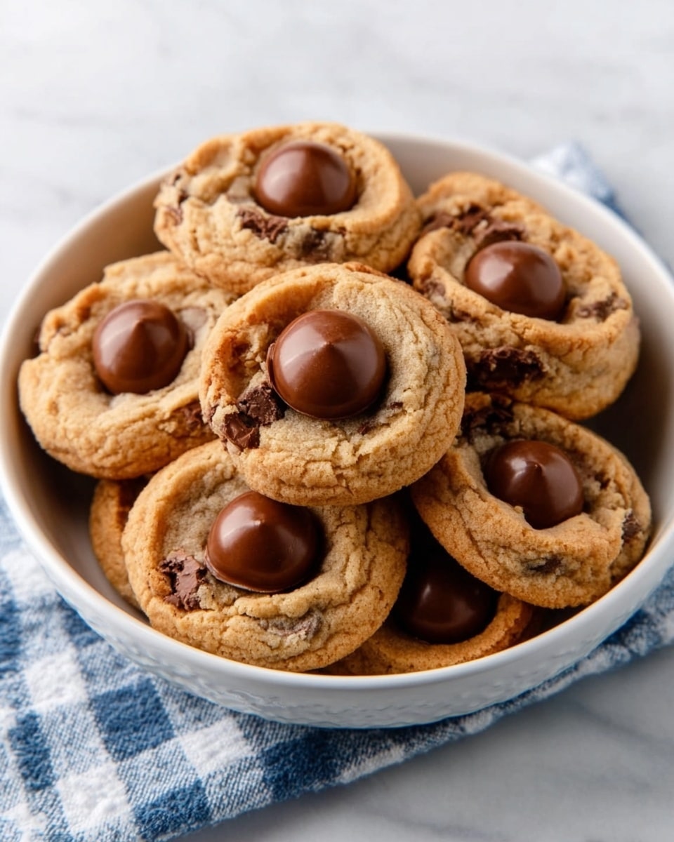A white bowl filled with soft, thick cookies stacked loosely, each cookie showing a golden brown color with a slightly uneven surface texture dotted with dark chocolate chips. On top of each cookie, there is a large, shiny round milk chocolate button embedded in the center, adding a smooth, glossy dark brown contrast to the rough texture of the cookies. A white marbled surface is visible beneath the bowl, and a blue and white checkered cloth is partially seen beside it. Photo taken with an iphone --ar 4:5 --v 7