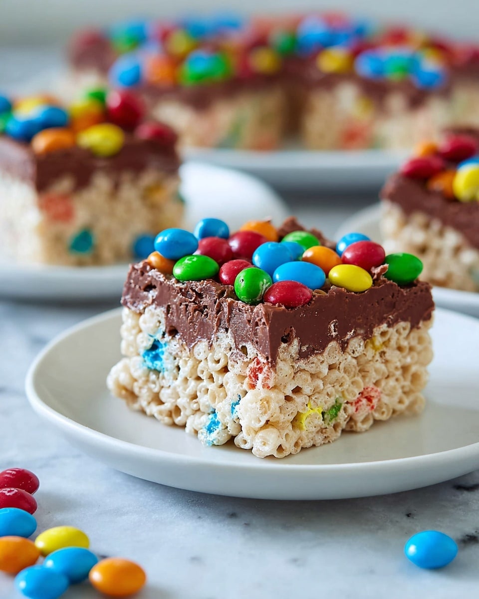 A square treat with two clear layers sits on a white plate over a white marbled surface: the bottom layer is a pale beige, crispy rice cereal mix with scattered colorful pieces of candy inside; the top layer is a glossy chocolate spread, generously covered with bright candy-coated chocolates in blue, red, green, yellow, and orange. The background shows more similar treats on white plates, slightly out of focus, and a few loose candies scattered on the surface. photo taken with an iphone --ar 4:5 --v 7