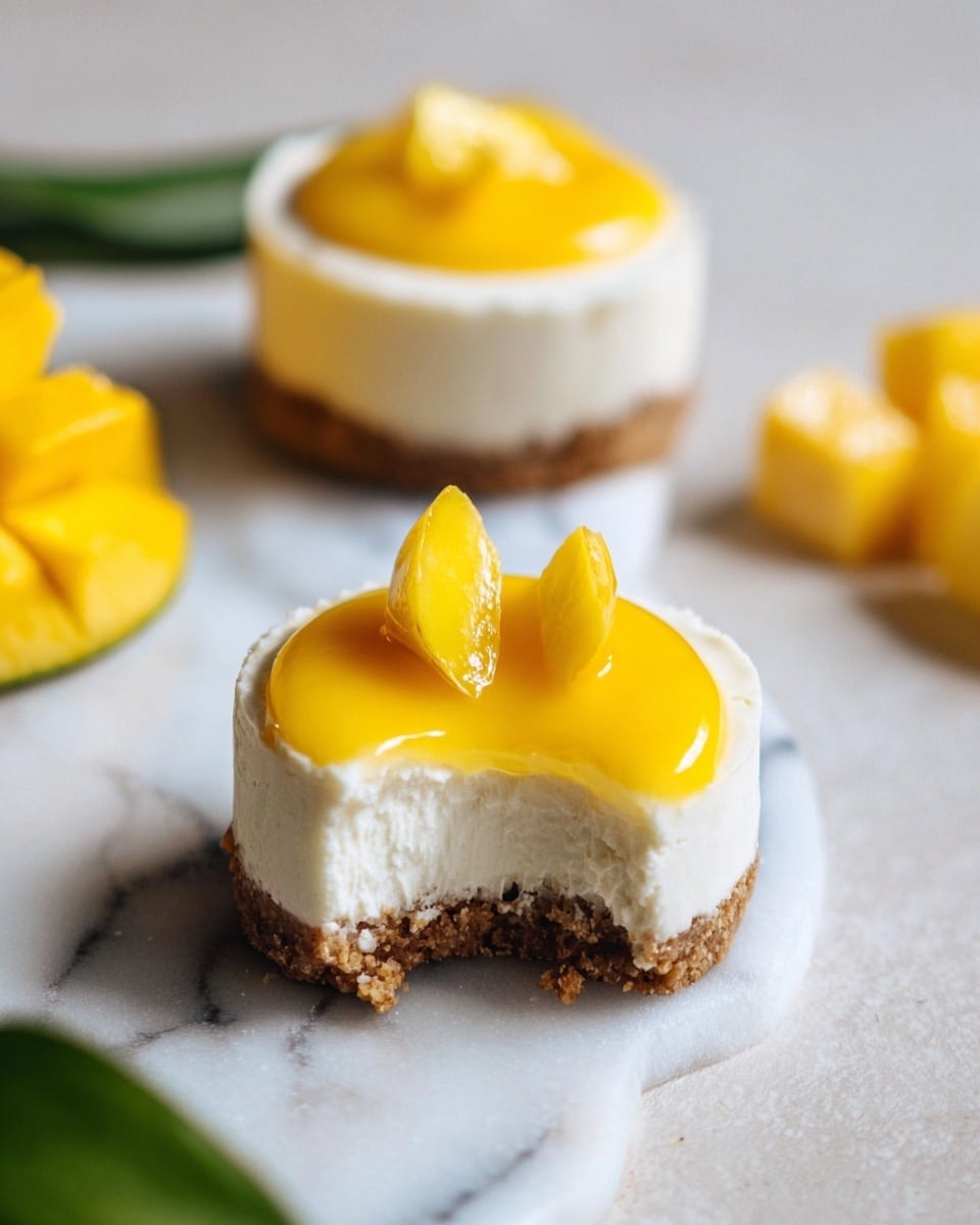 The image shows a small round dessert with three layers, placed on a white marbled surface. The bottom layer is a thin, crumbly brown crust. Above it is a thick, creamy white layer that has a smooth texture, topped by a shiny, bright yellow mango topping with a couple of small mango pieces on the very top. One dessert has a bite taken from it, revealing the layers clearly. In the background, there is another similar dessert and some diced mango along with green leaves on the left edge. photo taken with an iphone --ar 4:5 --v 7