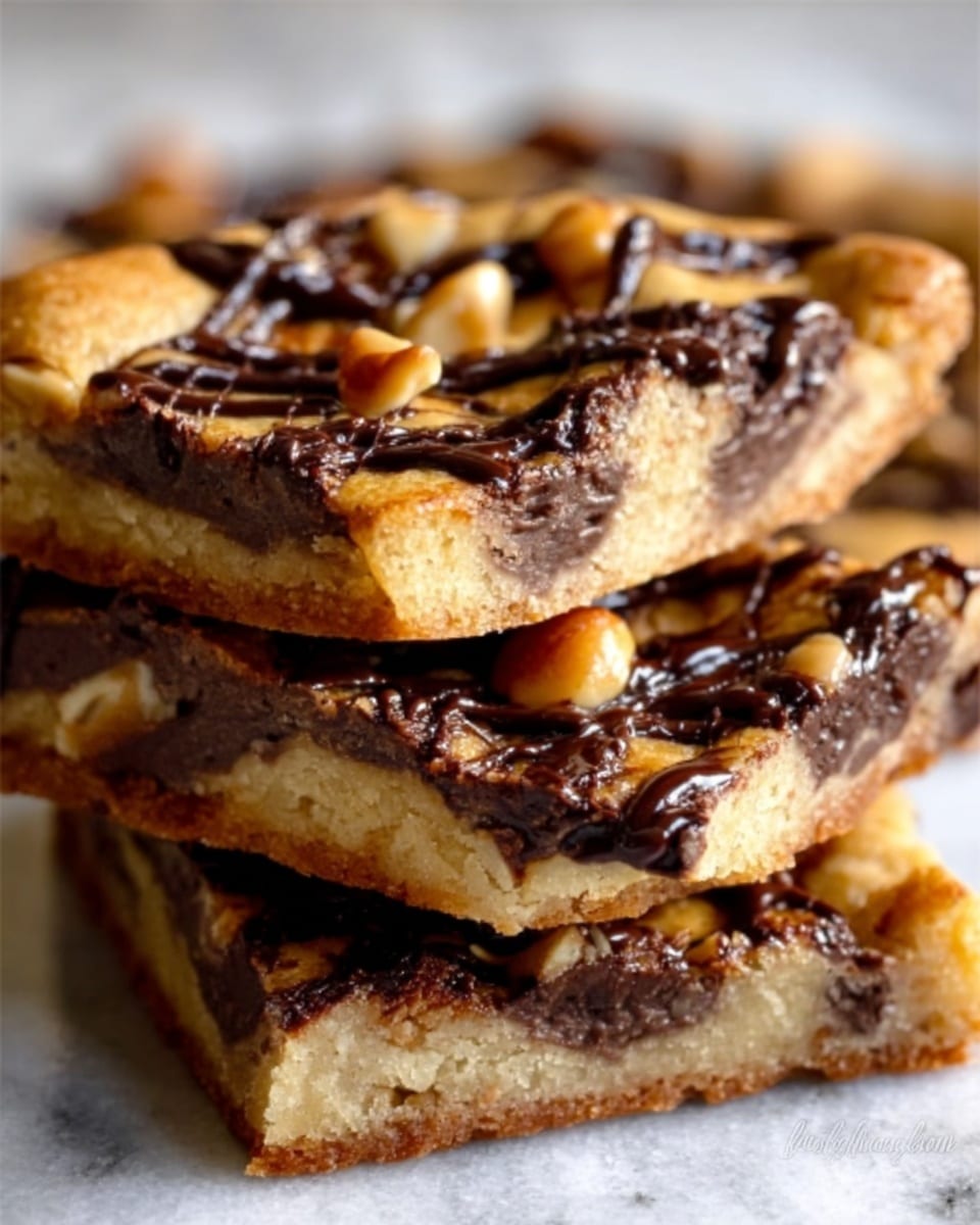 A close-up image shows a stack of three rectangular chocolate chip cookie bars with a golden brown top layer dotted with chopped nuts and drizzled with dark chocolate. Each bar has a slightly thick base that looks soft and chewy, while the top has a shiny, lightly crispy texture from baking. The bars are nicely arranged with some chocolate drizzle patterns visible on top and sides. The background is a white marbled surface with soft lighting highlighting the layers and chocolate shine. Photo taken with an iphone --ar 4:5 --v 7