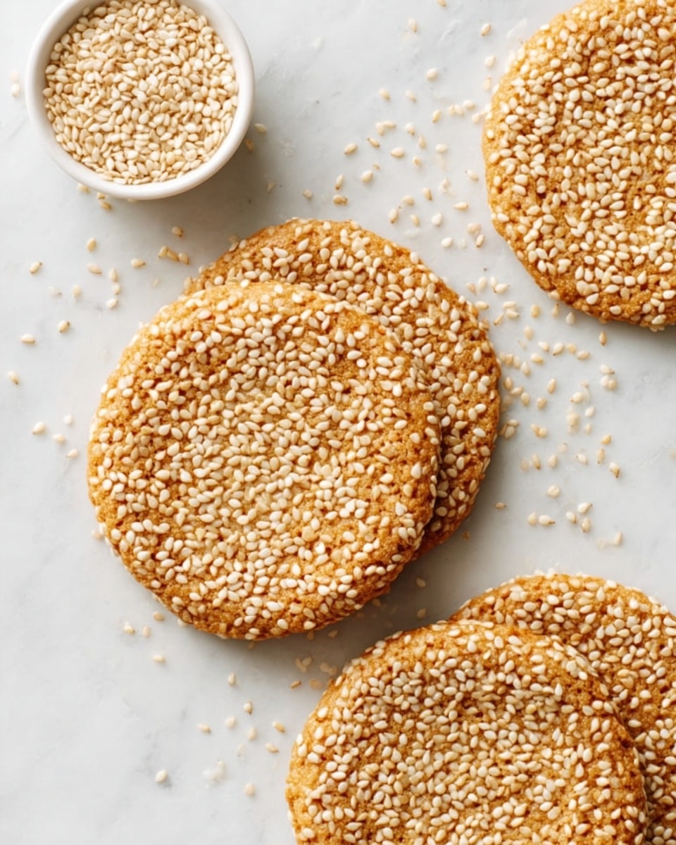 The image shows three round sesame seed cookies placed on a white marbled surface. Each cookie is golden brown with a slightly bumpy texture, and the surface is covered evenly with white sesame seeds, giving them a crunchy appearance. To the top left is a small white bowl filled with more sesame seeds. The overall scene has a clean and simple look, focusing on the texture and color contrast between the golden cookies and the white sesame seeds. photo taken with an iphone --ar 4:5 --v 7