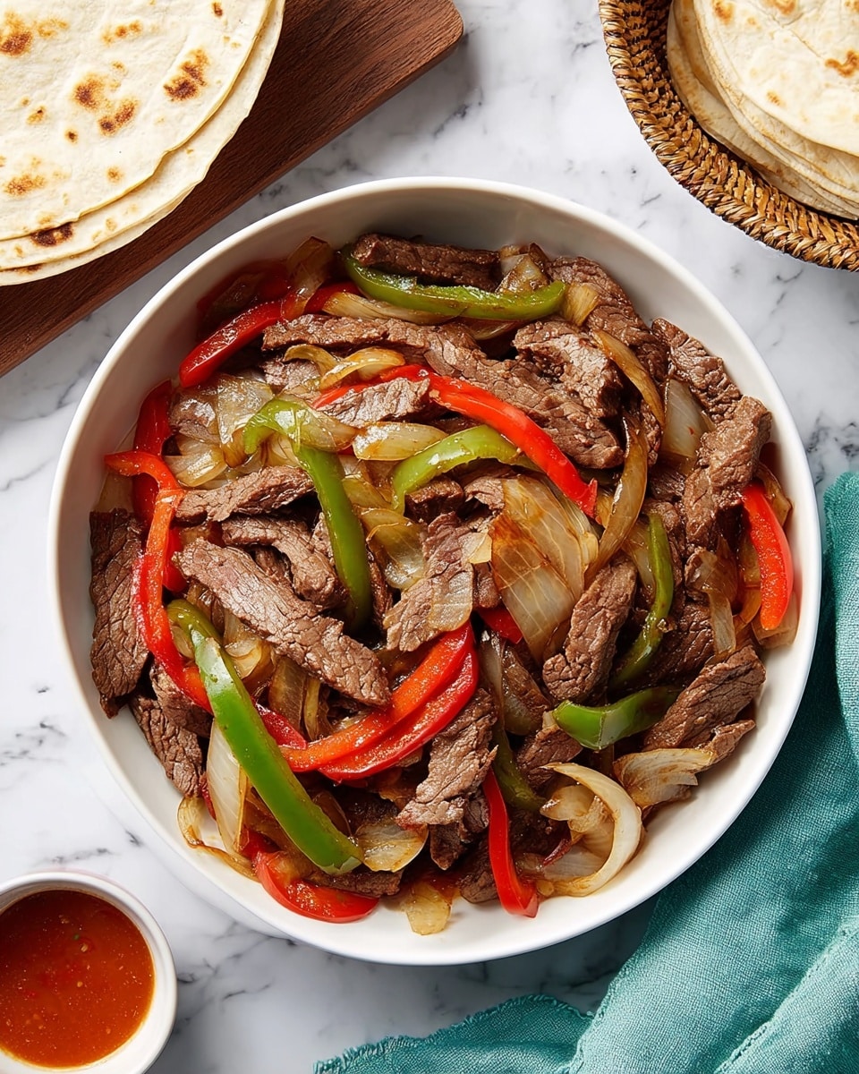A white bowl is full of cooked sliced beef strips mixed with thin slices of red and green bell peppers and translucent cooked onions, all evenly spread and layered to show a mix of brown, red, green, and light yellow colors with a slightly shiny texture from cooking. The bowl sits on a white marbled surface and is partly near a folded teal cloth and a woven basket holding tortillas with light brown grill marks. A wooden board with a small white bowl of reddish sauce is visible nearby. Photo taken with an iphone --ar 4:5 --v 7