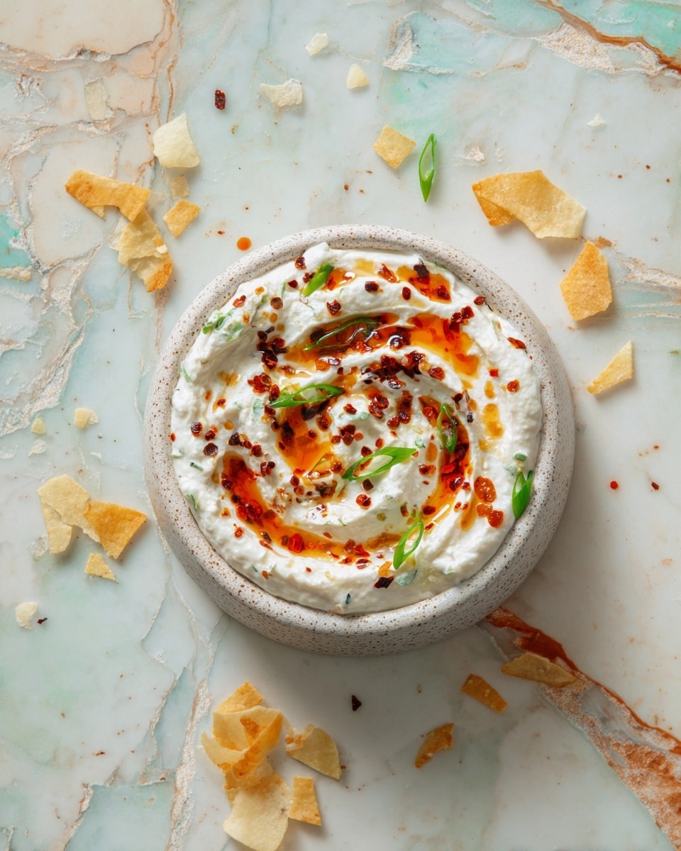 A round bowl filled with thick white creamy dip mixed with small green bits, topped with bright orange oil and dark brown chili flakes scattered over the surface, and garnished with a few small green onion rings. The bowl rests on a white marbled surface with different colored chips—light orange, yellow, and pale tan—placed around it. Photo taken with an iphone --ar 4:5 --v 7
