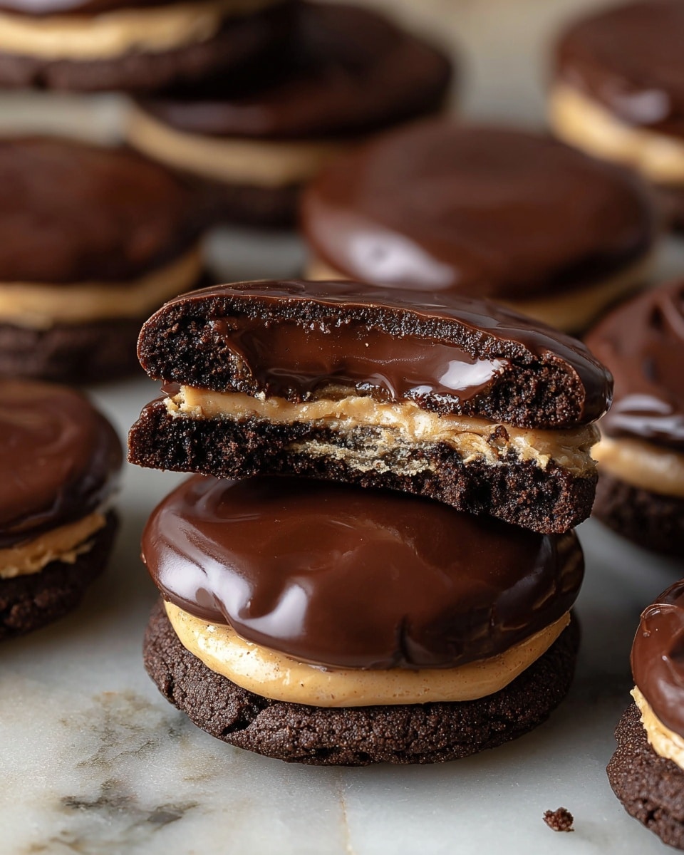 The image shows several chocolate cookies with three visible layers, stacked and arranged on a white marbled surface. Each cookie has a bottom layer of dark brown, slightly rough-textured chocolate cookie, a middle layer of light tan, creamy peanut butter filling, and a smooth, glossy dark brown chocolate ganache topping as the top layer. One cookie is cut in half and perched on another, clearly showing the three layers inside, with the ganache shiny and slightly rippled. The background includes other whole cookies, slightly out of focus. Photo taken with an iphone --ar 4:5 --v 7