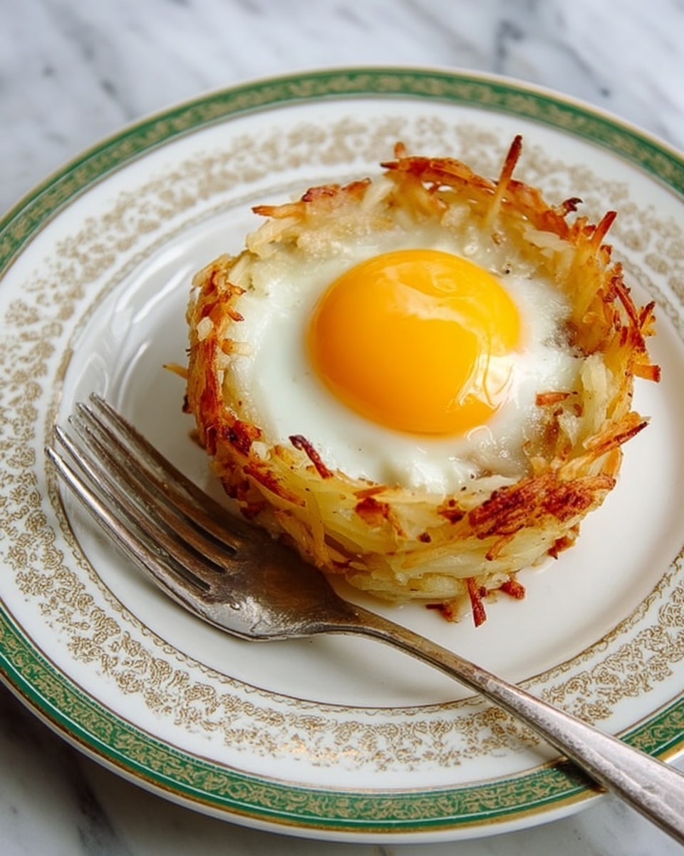 The image shows a single serving of a potato nest topped with a cooked egg on a white plate with green and gold patterns around the edge. The nest is made of shredded potatoes that are golden brown and crispy on the outside, forming a round cup shape with visible layers of thin, textured potato strands. Inside the nest, there is a sunny-side-up egg with a bright yellow yolk centered and shiny egg white cooked but still soft. Next to the nest, a silver fork rests on the plate. The background is a white marbled texture. Photo taken with an iphone --ar 4:5 --v 7