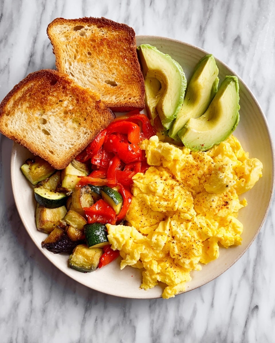 The image shows a white plate on a white marbled surface with four main parts. On the bottom right, there is a fluffy, yellow scrambled egg layer with small visible curds. To the left of the eggs, there are two toasted bread slices, golden brown and slightly crisp. Above the eggs, on the top right part of the plate, there are three thick slices of avocado, pale green with smooth texture. On the top left side of the plate, there is a mix of cooked vegetables including zucchini pieces, red bell pepper chunks, and small tomato pieces, all sautéed with a slight shine. Photo taken with an iphone --ar 4:5 --v 7