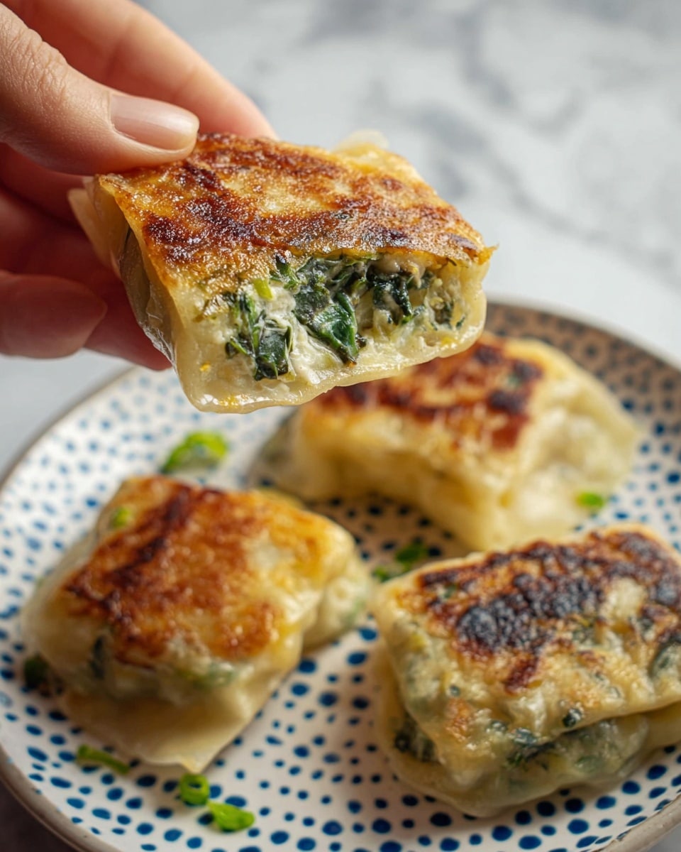 A close-up image showing a woman’s hand holding a browned dumpling with a thin, slightly crispy outer layer; inside, there is a creamy filling with visible green spinach pieces. The dumpling is square-shaped with a golden, pan-fried texture on the top and a translucent, soft dough layer on the bottom. On the white plate with blue dots below, three more dumplings sit, each showing the same golden brown, slightly charred tops with the spinach mixture visible through the dough edges. The background is a white marbled texture with a soft, natural light highlighting the textures of the dumplings. photo taken with an iphone --ar 4:5 --v 7