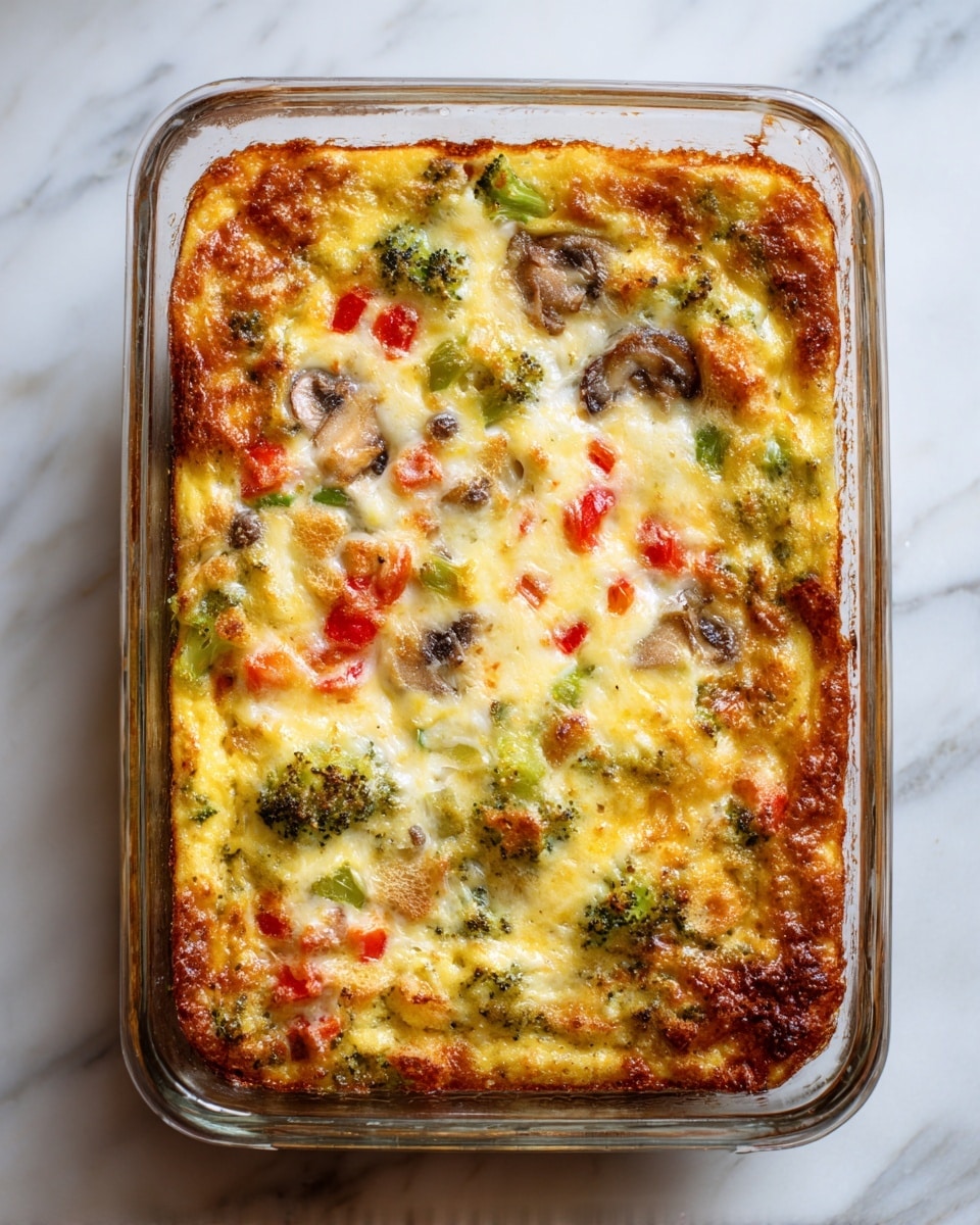 A baked casserole in a clear glass rectangular dish with a golden brown top layer showing a mix of melted cheese and lightly crisped bits of bread. Spread throughout the casserole are visible chunks of green broccoli, red tomato pieces, green bell pepper slices, and slices of brown mushrooms, all nestled in a creamy, slightly browned, cheesy egg base. The edges are puffed and browned with some crispy texture, while the center remains soft with a mix of colors from the vegetables and cheese. The dish rests on a white marbled surface. photo taken with an iphone --ar 4:5 --v 7