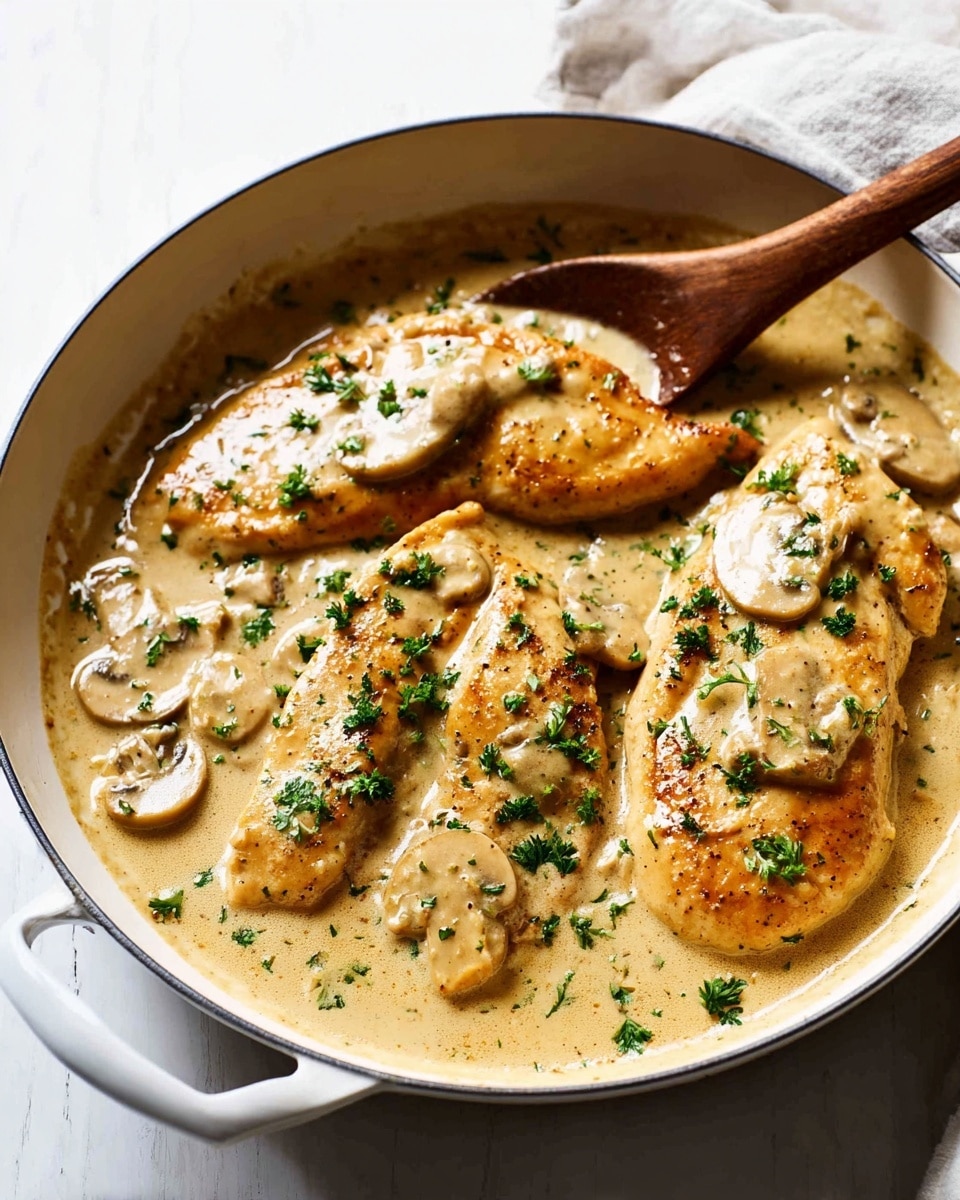 The image shows a white cast iron pan filled with four large pieces of golden-brown chicken breasts cooked in a creamy light tan sauce, with a smooth texture that clings to the chicken. Several light beige mushroom slices are scattered on top and mixed into the sauce. Bright green parsley leaves and small parsley flakes are sprinkled over the dish, adding freshness and color contrast. A wooden spoon is partially scooping some of the sauce and chicken from the pan. The pan rests on a white marbled surface with soft natural light highlighting the creamy sauce and juicy texture of the chicken. photo taken with an iphone --ar 4:5 --v 7