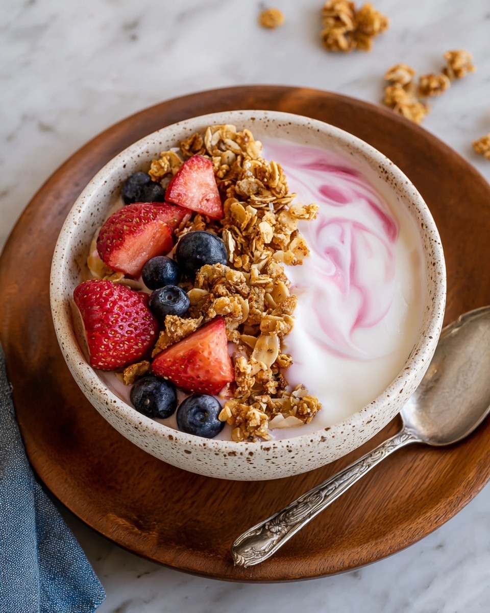 This image shows a bowl with three layers starting from the bottom with white yogurt mixed with some pink yogurt, creating a swirled texture. On top of the yogurt, there is a thick layer of golden-brown granola with oat flakes and nuts, showing a crunchy texture. Scattered among the granola are fresh, vibrant strawberries cut into small pieces and whole blueberries, adding red and deep blue colors that stand out. The white bowl with brown speckles is placed on a wooden plate, all set on a white marbled surface. A vintage silver spoon and some granola pieces are beside the bowl. Photo taken with an iphone --ar 4:5 --v 7