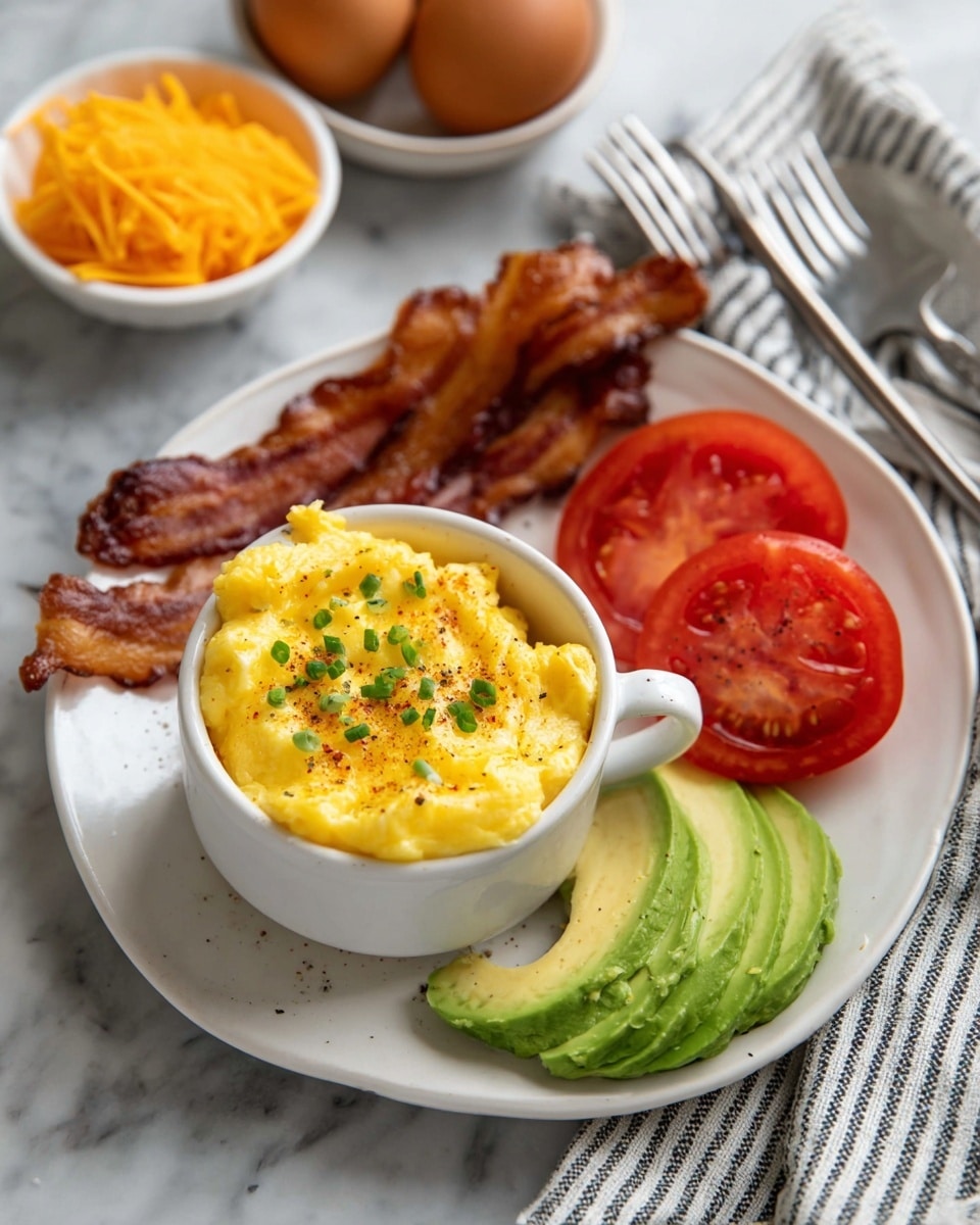 A white plate with a small white cup in the center filled with creamy, yellow scrambled eggs garnished with small green chive pieces and a sprinkle of black pepper. To the left of the cup, there are three crispy golden-brown bacon strips arranged side by side, and in front of the bacon, three bright red tomato slices with a glossy texture are neatly placed. To the right of the cup, there are six thin slices of fresh green avocado, fanned out. The plate sits on a white marbled surface, with a metal fork and gray and white striped cloth napkin nearby. A small white bowl filled with shredded orange cheese and two brown eggs are softly blurred in the background. Photo taken with an iphone --ar 4:5 --v 7
