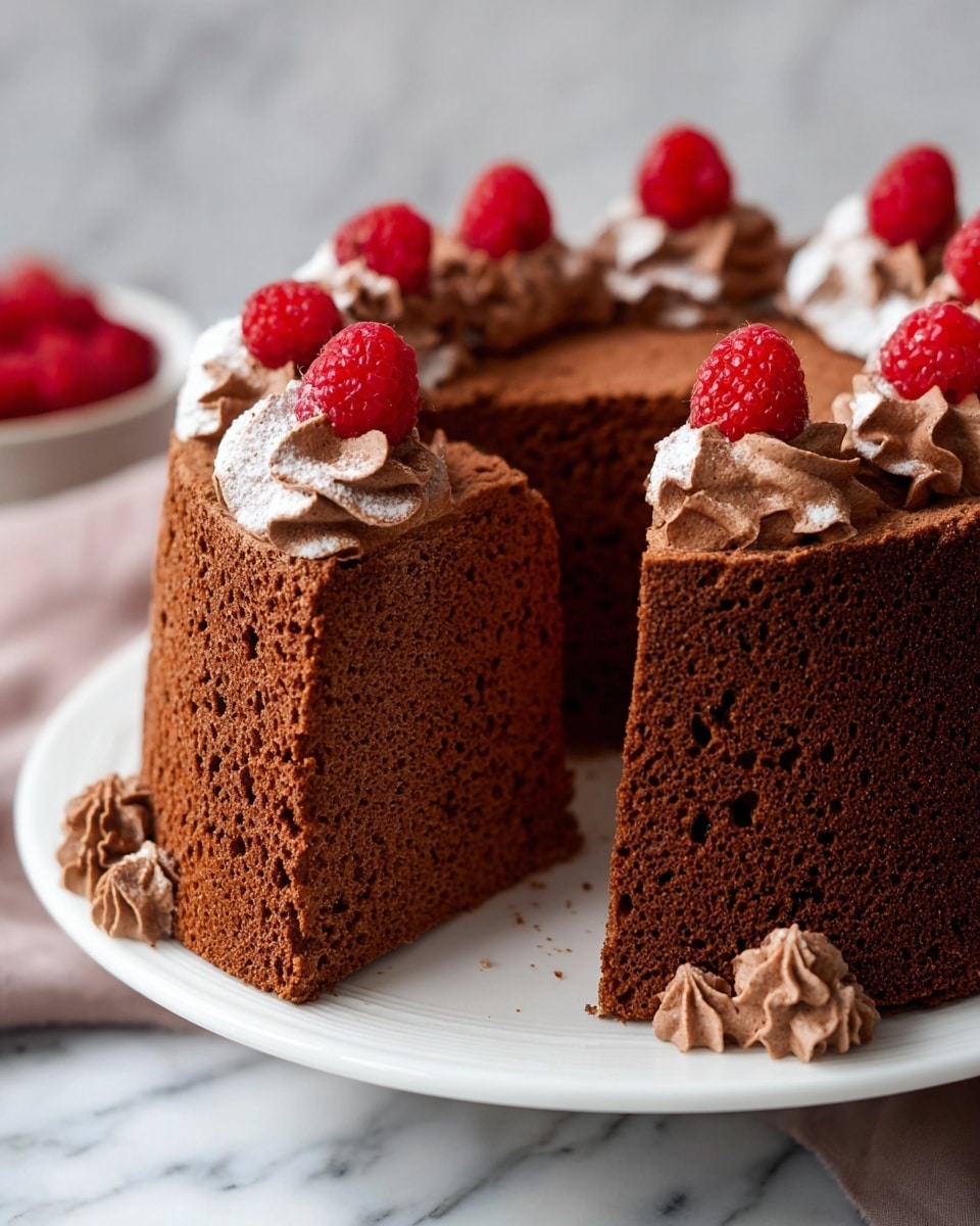 The image shows a light and airy chocolate chiffon cake with one slice removed, revealing a soft, porous texture inside. The cake is one layer, deep brown with tiny holes throughout, placed on a white plate on a white marbled surface. The top edge of the cake is decorated with swirls of chocolate cream, each topped with a bright red raspberry, adding a fresh contrast of color. Some chocolate cream dollops are also visible around the base edge of the slice. Photo taken with an iphone --ar 4:5 --v 7