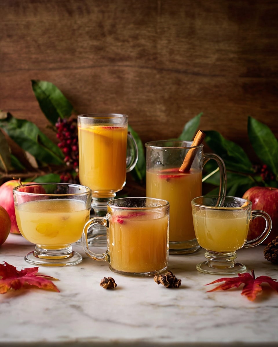 The image shows five clear glass mugs and cups filled with a warm, light golden drink that looks thick. The mugs vary in size and shape: the smallest cup on the left is shallow with a smooth curve, the next mug is medium-large with a handle and a red slice of fruit floating inside, the tallest glass in the center is footed with a cinnamon stick standing up inside, the next mug is medium with a handle and a cinnamon stick in the drink, and the smallest cup on the right is round with a handle and no garnishes. The drinks have a smooth texture without foam. They sit on a white marbled surface with small pinecones and red autumn leaves scattered around, and green and red leaves in the blurry wooden background behind. photo taken with an iphone --ar 4:5 --v 7
