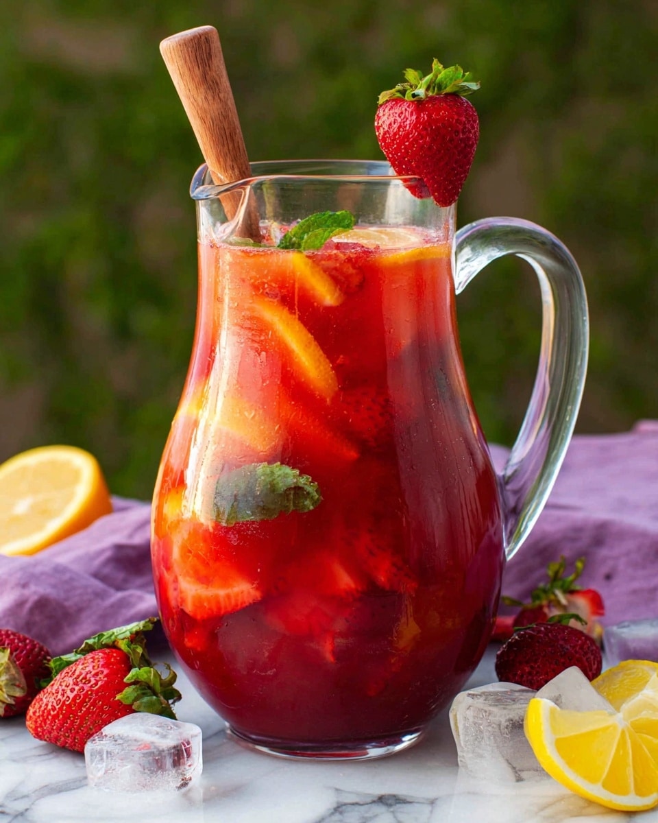 A clear glass pitcher filled with a vibrant red drink that has visible slices of orange and strawberries floating inside, along with green mint leaves near the top. The pitcher features a wooden stirring stick inside and a fresh strawberry with green leaves perched on the rim. Around the base of the pitcher, there are scattered strawberries, lemon wedges, and clear ice cubes on a white marbled surface, with a soft purple cloth to one side. Photo taken with an iphone --ar 4:5 --v 7