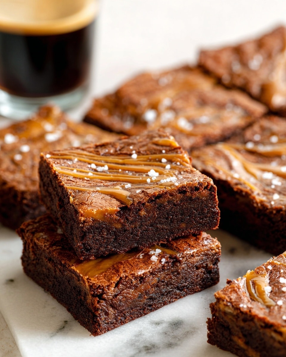 A close-up view of several rich, square chocolate brownies arranged on a white marbled surface, each brownie showing a lightly cracked, glossy top layer with swirls of caramel or peanut butter creating a textured pattern, sprinkled lightly with flakes of sea salt. One brownie is lifted above the others, showing a thick, moist, and dense middle layer with a slightly darker bottom crust. In the blurred background, there is a glass of dark coffee, adding a warm and inviting touch. photo taken with an iphone --ar 4:5 --v 7