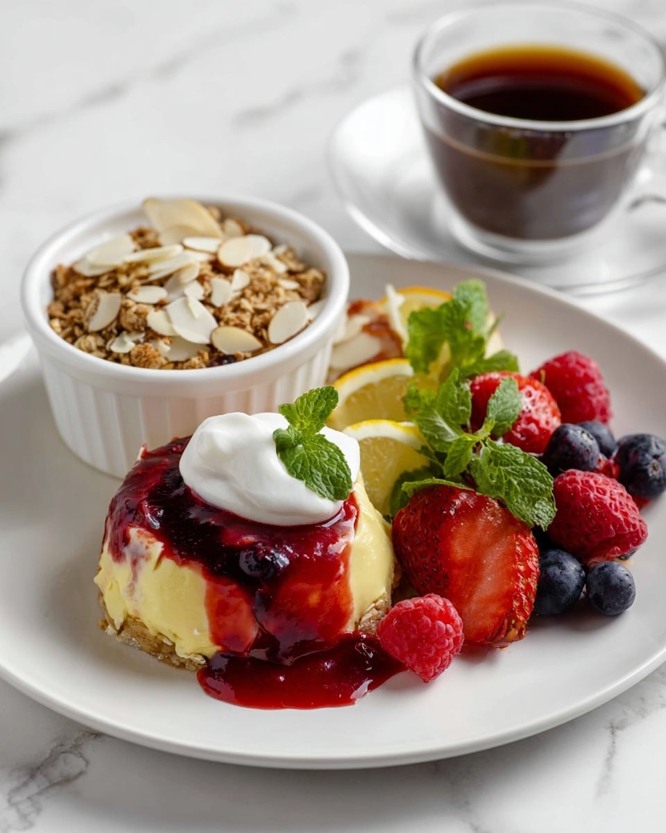 The white plate holds a three-part dish with a small white bowl on the left filled with golden brown granola topped with thin almond slices. In the middle of the plate is a creamy, pale yellow baked custard with visible blueberries inside, covered with a thick red berry sauce and topped with a dollop of white whipped cream and a fresh green mint leaf. On the right side of the plate is a colorful mix of fresh berries including red strawberries, raspberries, and blueberries, along with lemon slices and green mint leaves. In the background, there is a clear glass cup filled with dark brown coffee. The entire setup rests on a white marbled surface. photo taken with an iphone --ar 4:5 --v 7