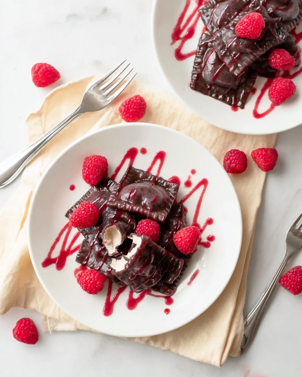 Two white plates hold five to six pieces of dark chocolate ravioli, each piece square with crimped edges, arranged in a loose pile at the center. The ravioli are glossy with a drizzle of deep red raspberry sauce forming loose grid patterns across and beneath them. Three bright red raspberries decorate the top of the ravioli pile on each plate, with a few more scattered on the white marbled surface around the plates. One ravioli is broken open, revealing a creamy white filling inside. Each plate is set on a soft beige napkin, with two silver forks resting on one napkin in the background. The overall scene is bright and fresh, with soft natural lighting. photo taken with an iphone --ar 4:5 --v 7