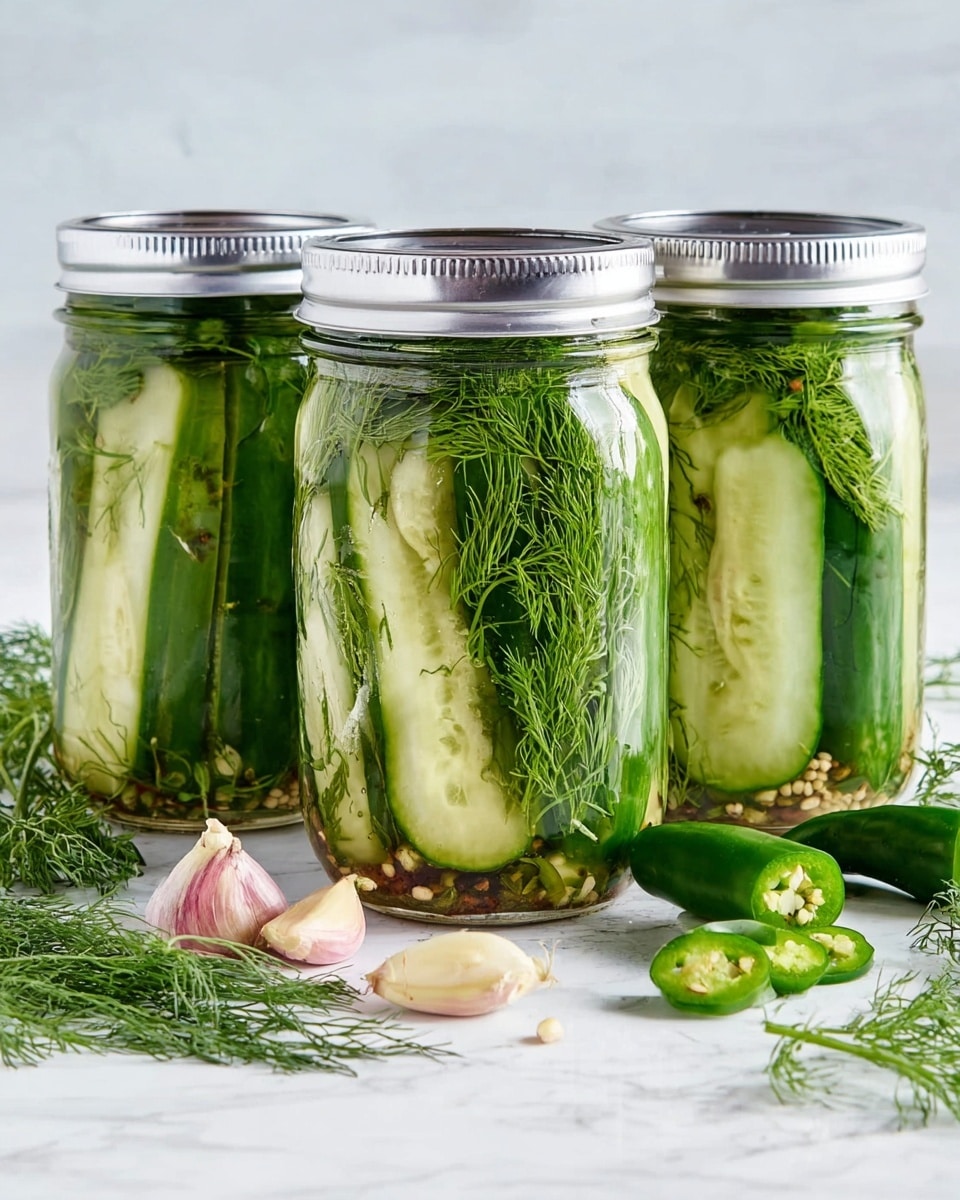 The image shows three glass jars filled with pickled cucumbers standing side by side on a white marbled surface. Each jar contains whole and sliced cucumbers that are green with pale green interiors. Inside the jars, there are visible layers of dill herbs that look feathery and dark green, and mustard seeds that are small and light brown. The jars have silver metal lids tightly screwed on top. In front of the jars, there are loose fresh dill sprigs, pale pink garlic cloves, and two whole green chili peppers, one of which is sliced open showing pale seeds. photo taken with an iphone --ar 4:5 --v 7