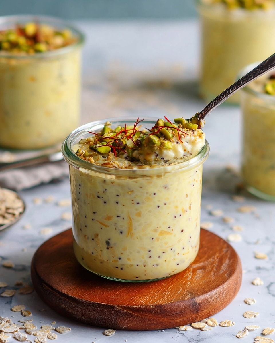 A clear glass jar filled with a creamy pale yellow pudding that has small black specks and bits of oats throughout, sitting on a round wooden board. The top layer is garnished with a small pile of slivered green nuts and a few red saffron strands, with some oats also sprinkled on top. A spoon is inserted into the jar, holding a scoop of the pudding with visible oats and nuts. In the background, there are more similar jars filled with the same pudding on a white marbled surface with scattered oats around. Photo taken with an iphone --ar 4:5 --v 7
