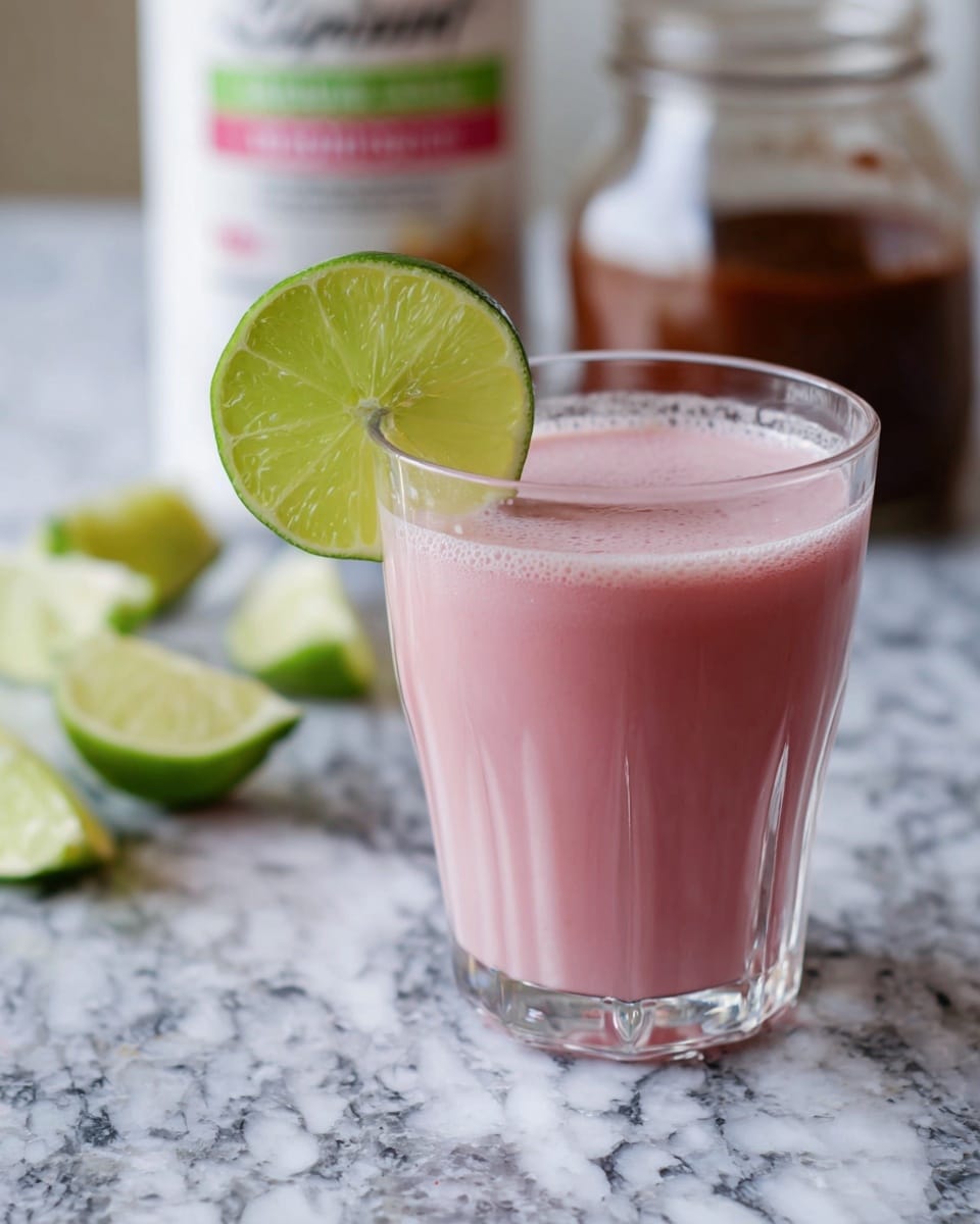 A clear glass filled with a smooth, pink drink sits on a white marbled surface, topped with a fresh, bright green lime wedge on the rim. In the background, there are blurred jars and a white can, along with scattered lime pieces adding a hint of green color. The drink itself appears creamy and evenly mixed, with a slight frothy texture near the top. photo taken with an iphone --ar 4:5 --v 7