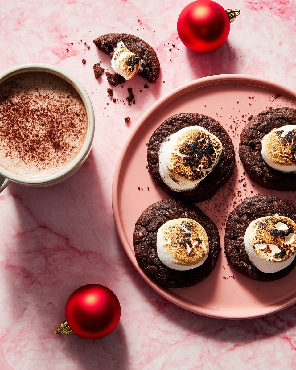 Four dark brown cookies topped with large, toasted white marshmallows sit on a round pink plate, with one cookie partially hidden under another. To the left, a white cup filled with hot cocoa and sprinkled cocoa powder is placed on a flat surface that has a white marbled texture but looks pink in the image. Above the cup, a partially eaten cookie with a toasted marshmallow on top lies with some crumbs scattered around. Two bright red Christmas ball ornaments are on the marbled surface near the cookies and cup. Photo taken with an iphone --ar 4:5 --v 7