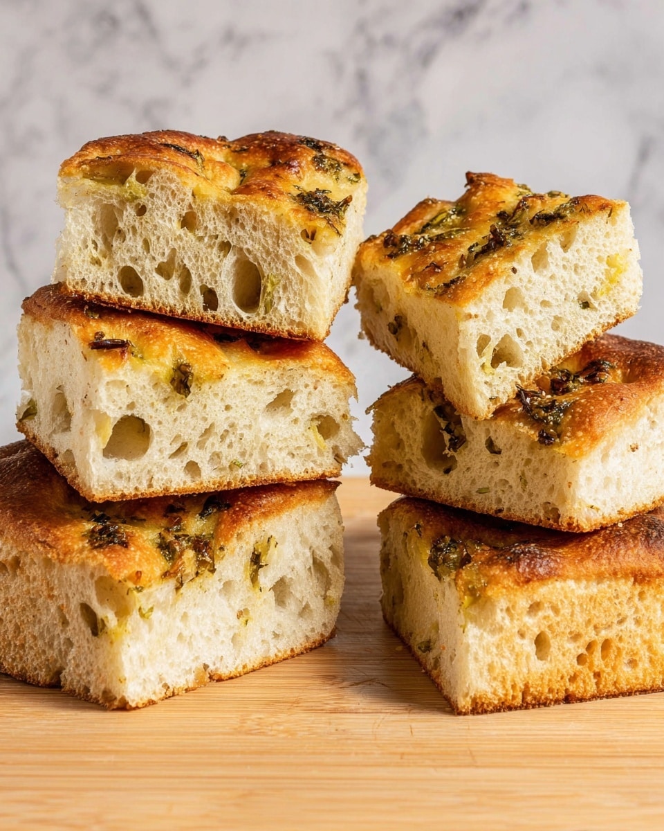The image shows five pieces of focaccia bread with a golden brown crust and a light, airy inside full of small holes. Three pieces are stacked in the center with two pieces on each side. The top and middle pieces have some herbs and small bits of cooked onion spread on the top crust, giving it green and brown patches. Each piece is thick and square-shaped with a soft, spongy texture visible inside. The bread is placed on a light wooden board with a white marbled texture behind it. Photo taken with an iphone --ar 4:5 --v 7