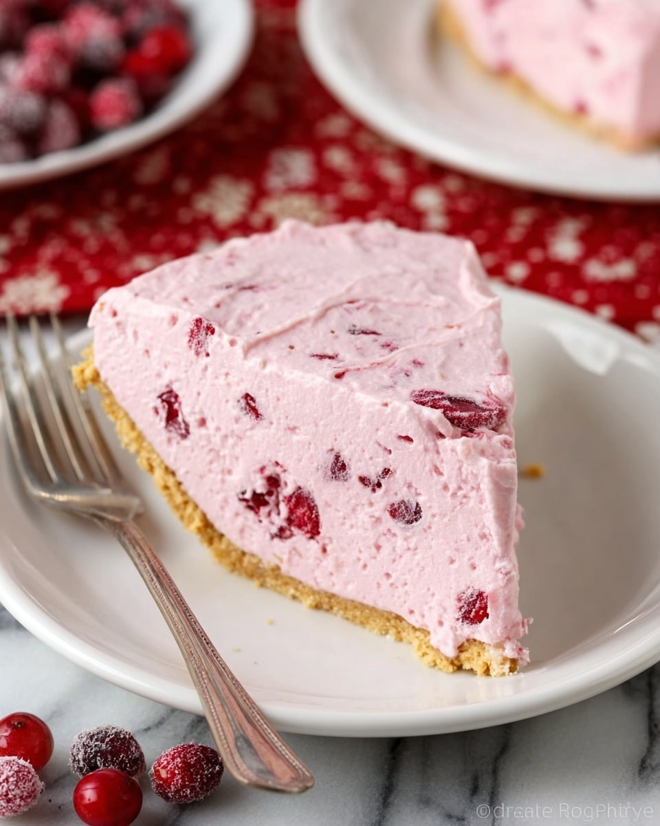 A single slice of pink creamy pie sits on a white plate, showing two layers: a thick, pale pink filling with darker red fruit bits scattered throughout, and a thin, light golden crumbly crust at the bottom. The texture of the filling looks smooth with small chunks inside. The plate rests on a red and white fabric with berries scattered around it. In the background, there is a partial view of another slice on a white plate. A silver fork is placed at the left side of the plate. The scene is set on a white marbled surface. photo taken with an iphone --ar 4:5 --v 7