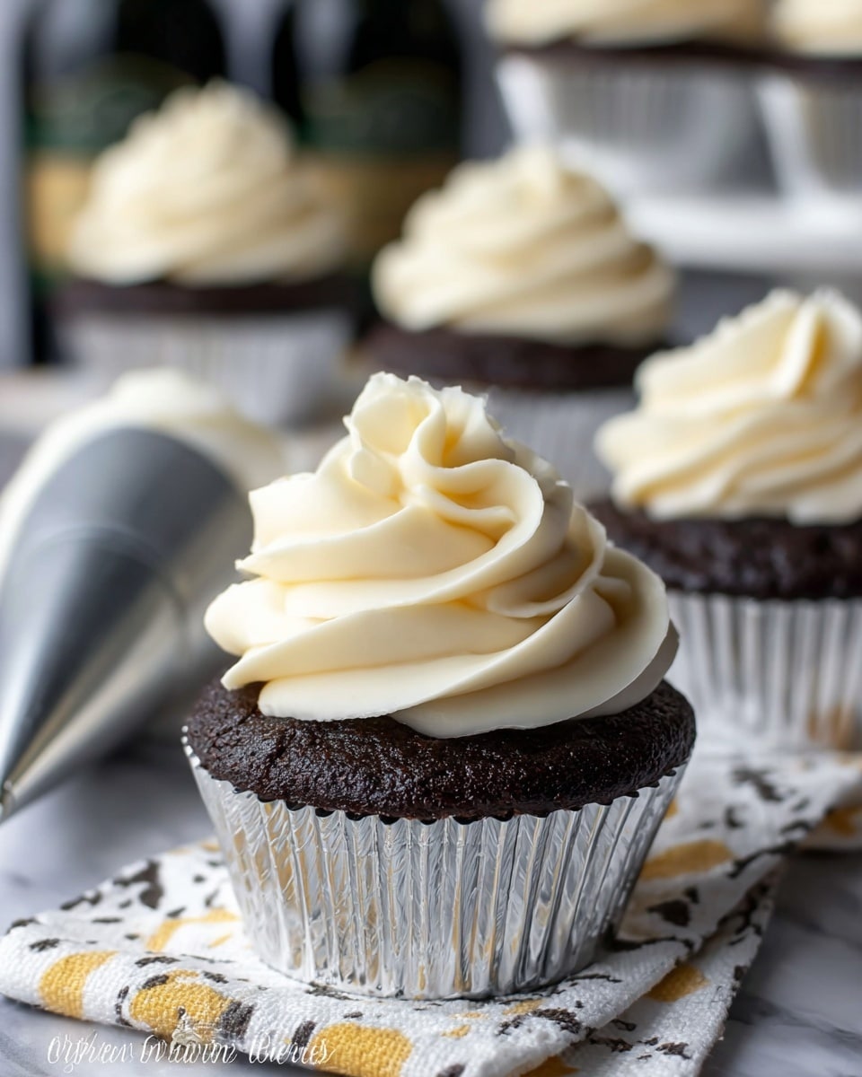 A close-up of a single dark brown chocolate cupcake in a shiny silver cupcake liner, topped with one large swirl of smooth, creamy off-white frosting. The cupcake is set on a white marbled textured cloth with black and yellow circular patterns, with part of a silver piping bag filled with the same frosting lying nearby. In the background, more identical cupcakes are slightly blurred, sitting on a white cake stand and the white marbled textured surface, with dark bottles blurred behind them. Photo taken with an iphone --ar 4:5 --v 7