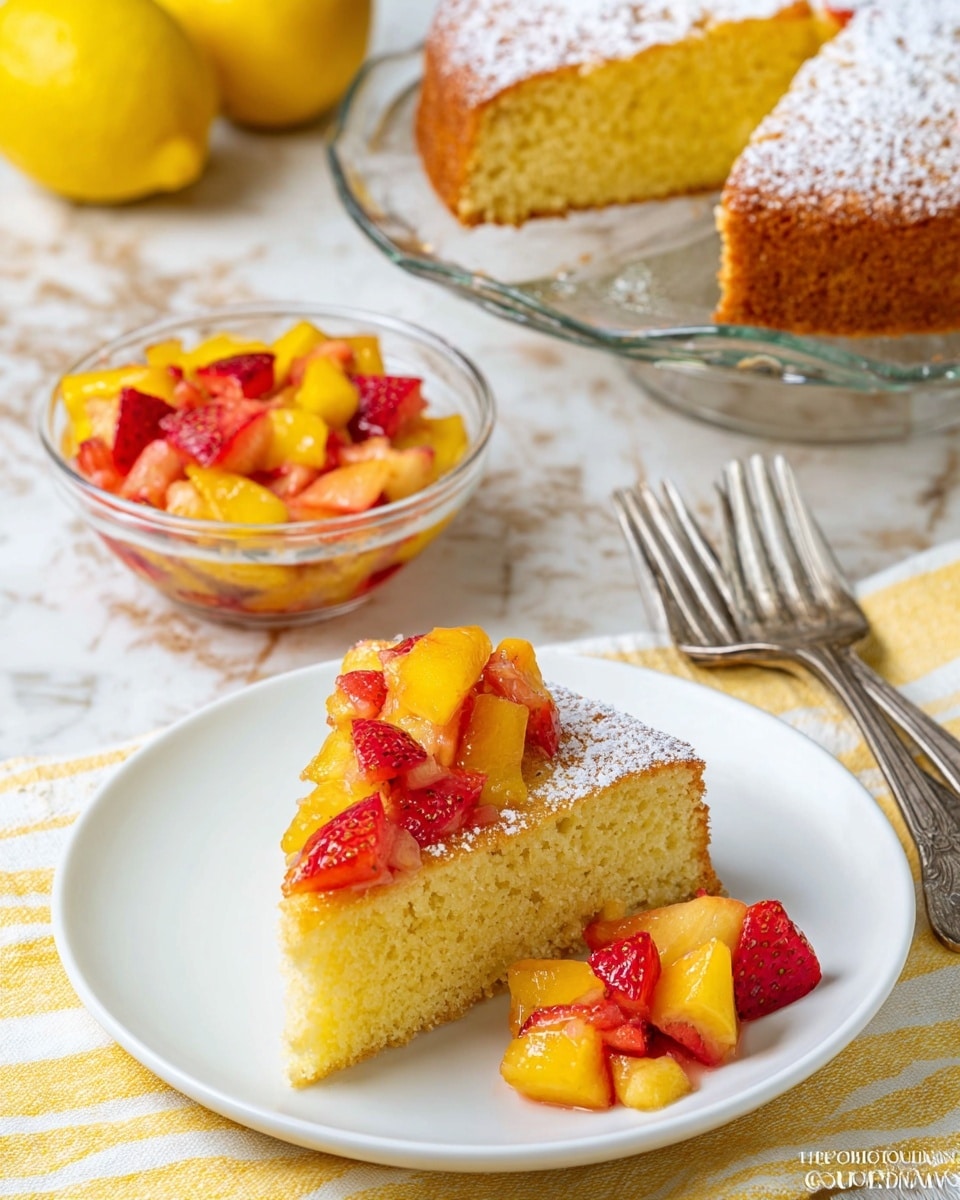A single slice of light yellow cake with a soft and crumbly texture is placed on a white plate, dusted lightly with powdered sugar on top. On the upper part of the slice, there is a colorful fruit topping made of chopped orange peaches and red strawberries, some fruit pieces also rest beside the cake on the plate. In the background, a clear glass bowl filled with the same mixture of diced yellow peaches and red strawberries is visible, along with a larger round cake placed on a clear glass platter. The scene is set on a white marbled surface with a yellow and white striped cloth underneath, and a whole lemon is seen on the side. Near the foreground plate, two silver forks lie next to each other. photo taken with an iphone --ar 4:5 --v 7