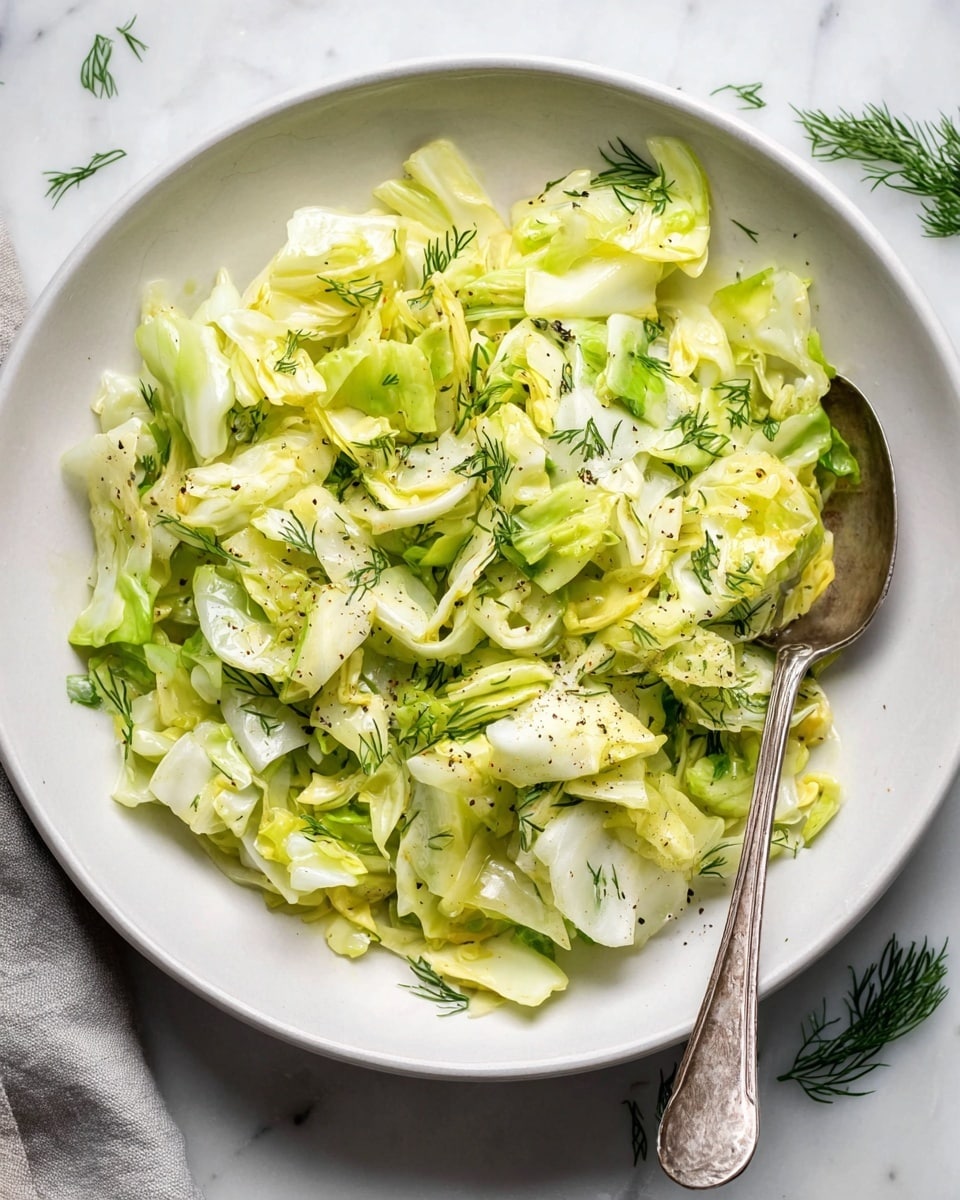 A bowl of fresh cabbage salad is shown, with roughly chopped pale green and white cabbage leaves mixed together. The pieces are coated lightly with a glossy dressing that gives a slight yellow tint. Small sprigs of fresh dill are scattered throughout, adding dark green accents. Black pepper is sprinkled on top, adding tiny black specks. The salad is served in a white bowl with a vintage-style silver fork placed on the edge. The bowl sits on a white marbled surface with some dill sprigs casually placed nearby. photo taken with an iphone --ar 4:5 --v 7