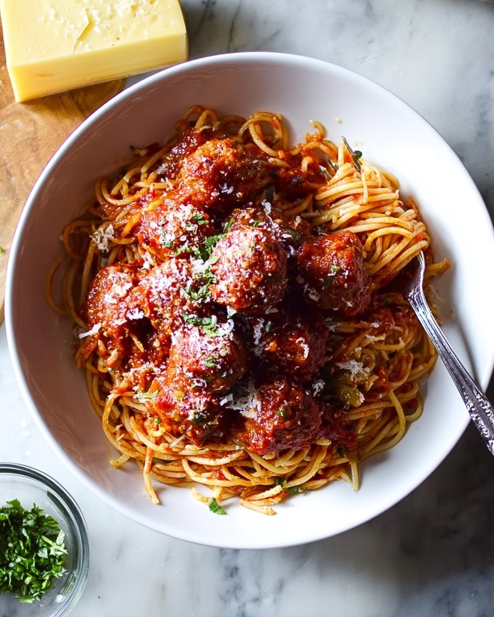 A white bowl filled with a serving of spaghetti layered with rich red tomato sauce evenly coating the noodles. On top of the spaghetti, there is a second layer of several round, browned meatballs covered in a thick red sauce, sprinkled with white grated cheese and small bits of green herbs. A silver fork and spoon rest inside the bowl on the right side, partially touching the pasta. The bowl sits on a white marbled textured surface with a block of yellow cheese and a small glass bowl of chopped green herbs nearby. Photo taken with an iphone --ar 4:5 --v 7