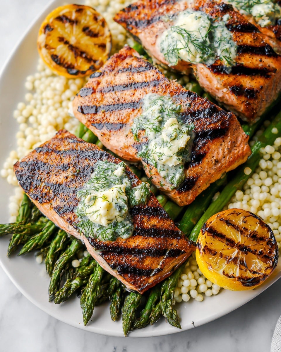 A white plate holds three grilled salmon fillets, each with dark grill marks and a dollop of herbed butter melting on top, showing a mix of creamy white and green from fresh dill. Underneath the salmon, bright green grilled asparagus spears lie in a neat layer, partially covered by small, round, white couscous pearls that add texture. On the side of the plate, there are two grilled lemon halves with charred edges, adding a splash of yellow and brown contrast. The plate is set on a white marbled surface. photo taken with an iphone --ar 4:5 --v 7